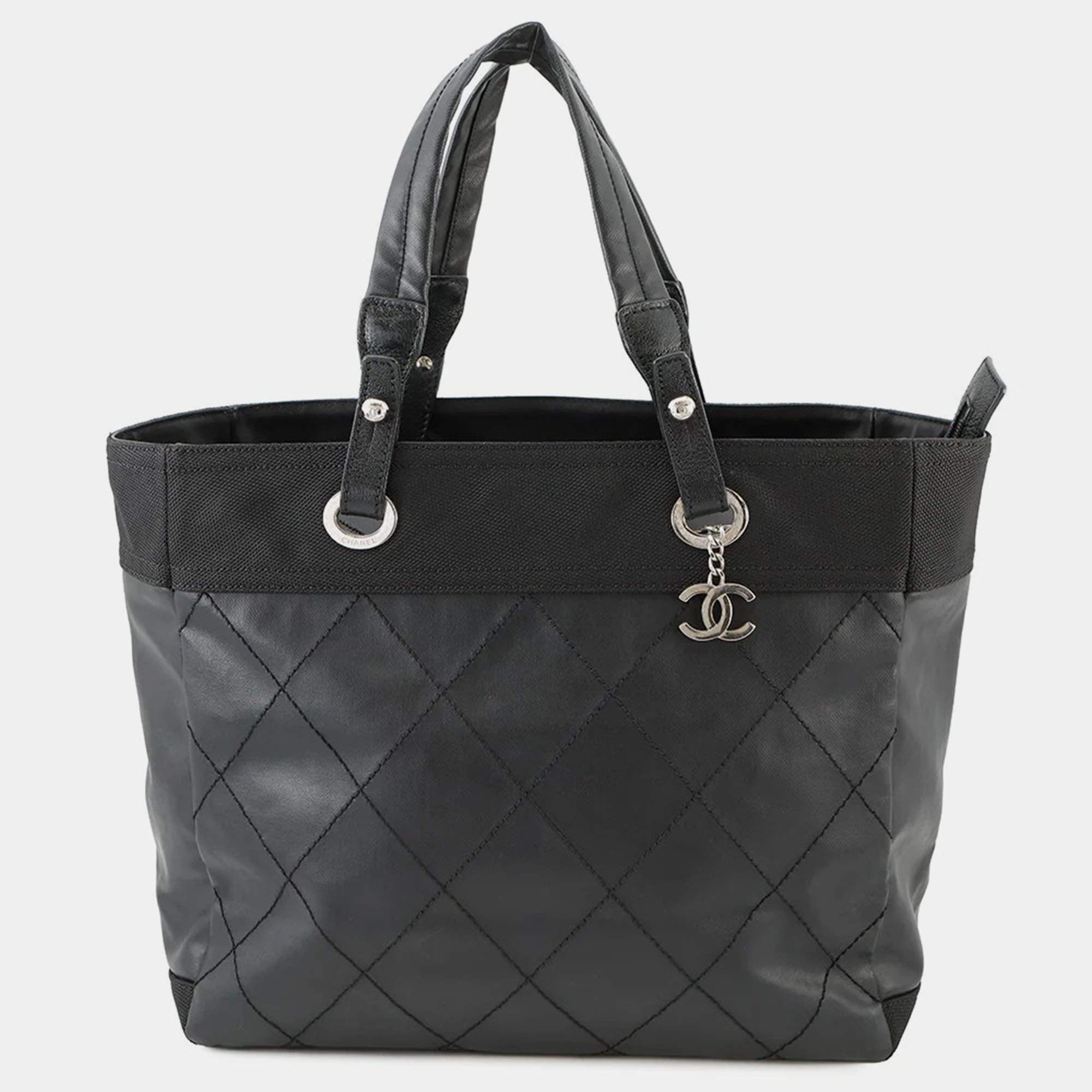 Pre Owned Chanel Paris-Biarritz Tote Bag Black Leather Canvas Size Mm