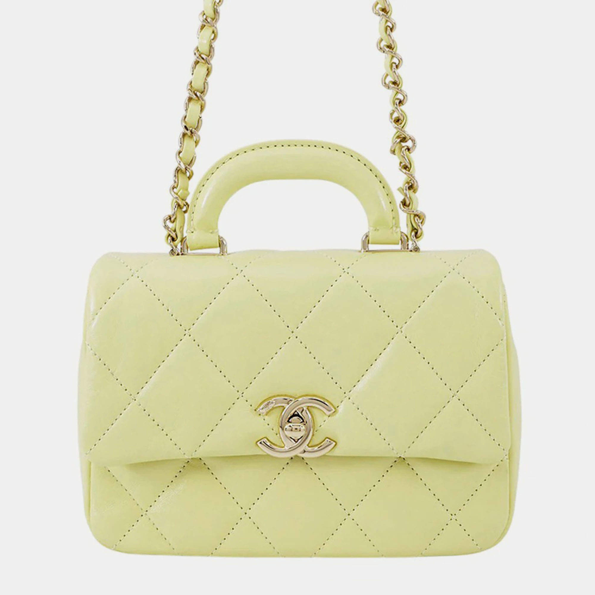 Pre Owned Chanel Top Handle Matelasse Shoulder Yellow Shiny Calf Leather Size Mini
