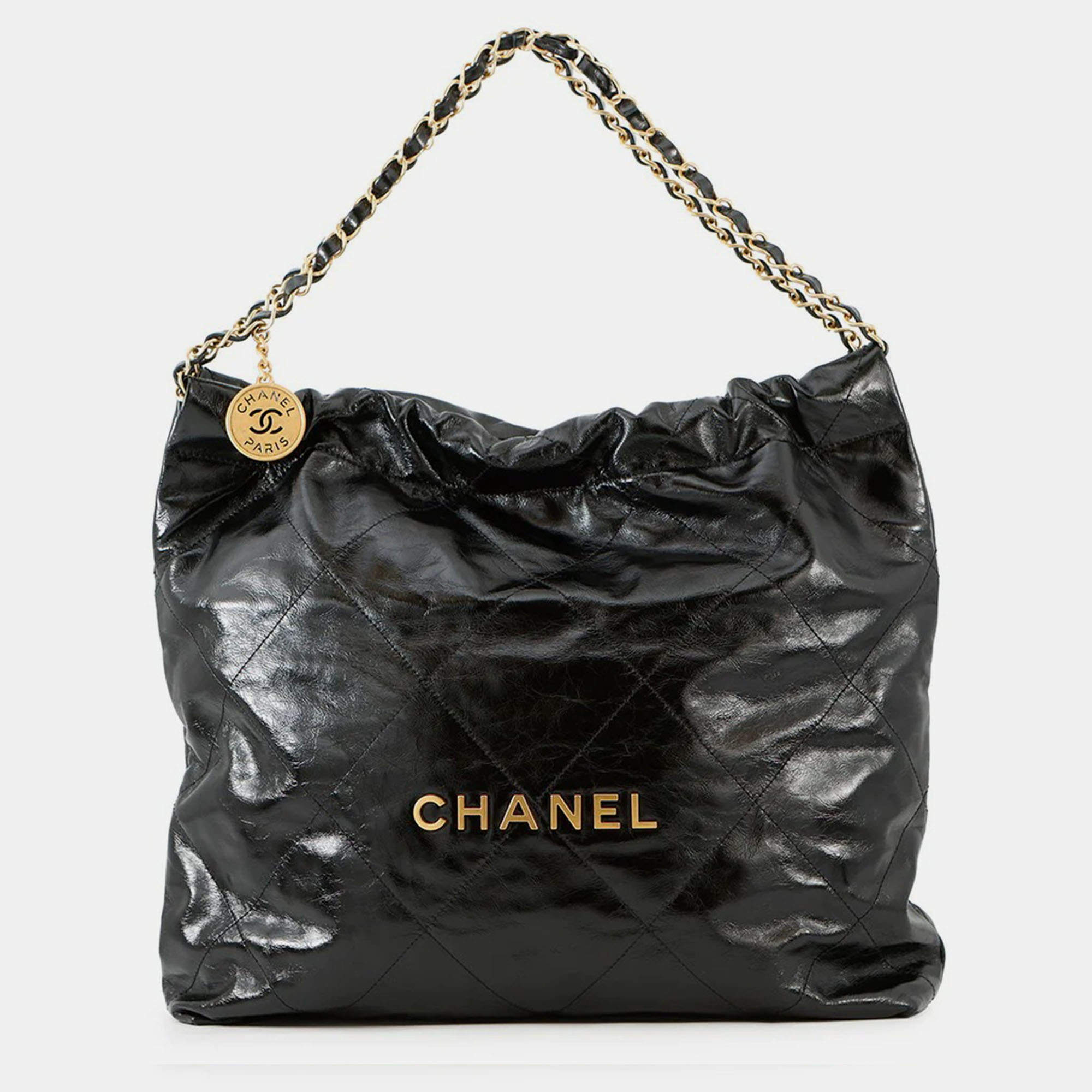 Pre Owned Chanel Chanel22 Black Shiny Calf Leather Medium Handbag 