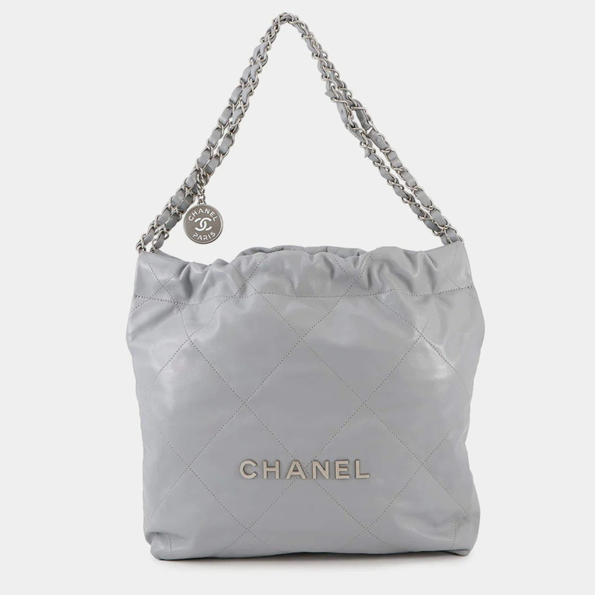 Pre Owned Chanel Chanel 22 Gray Shiny Calf Leather Small Handbag 