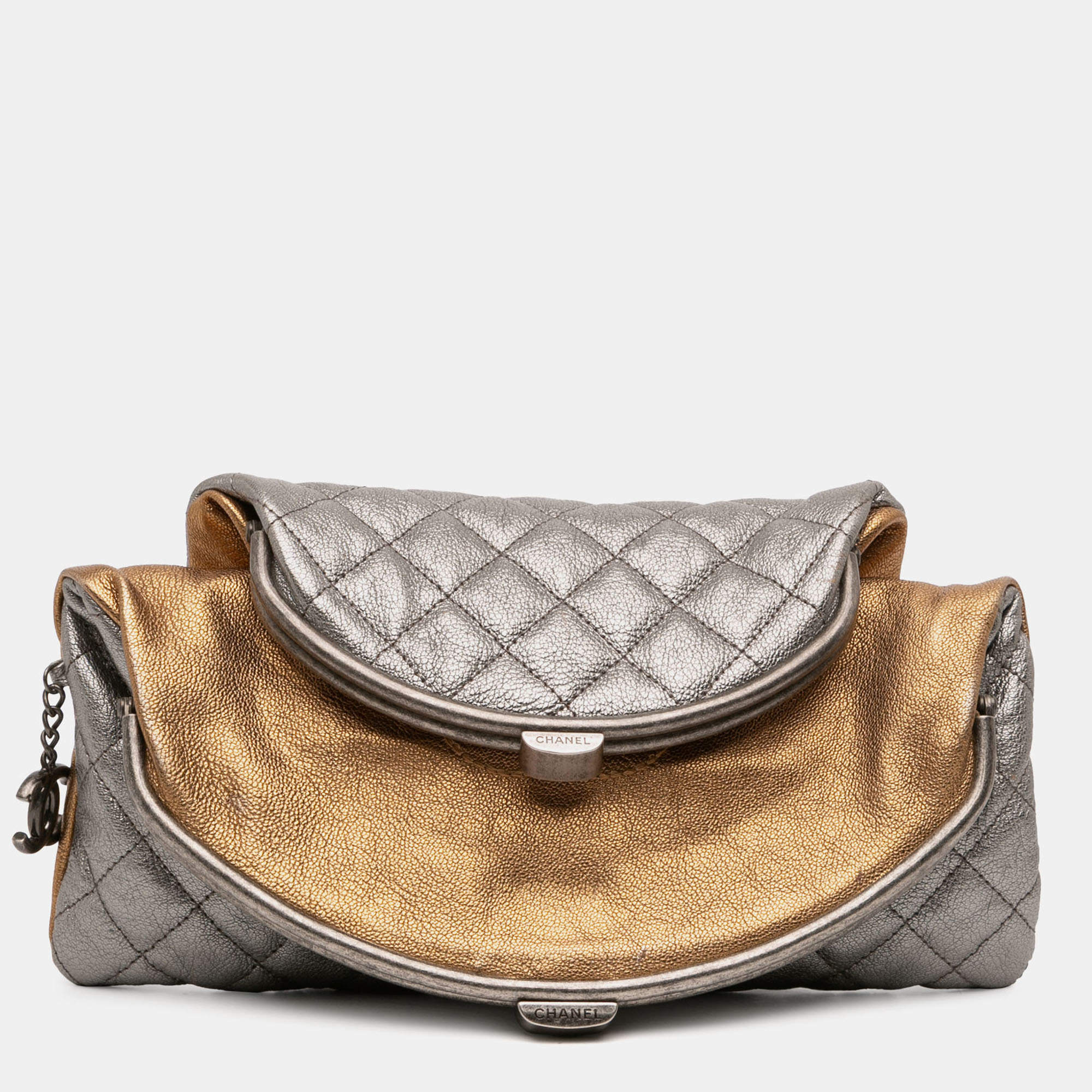 Pre Owned Chanel Gold Silver Quilted Metallic Goatskin Tabatiere Kisslock Foldover Clutch