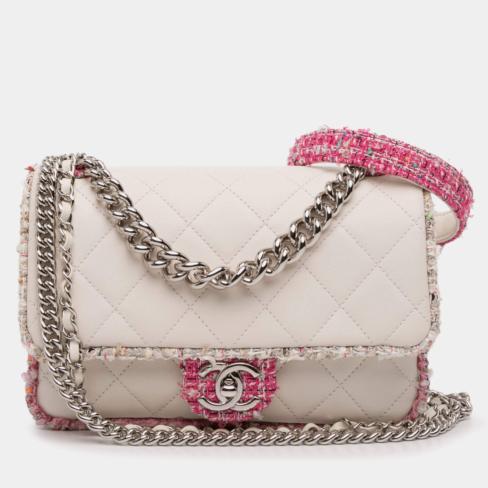 Pre Owned Chanel Cream Quilted Lambskin and Tweed Elegant Trim Flap