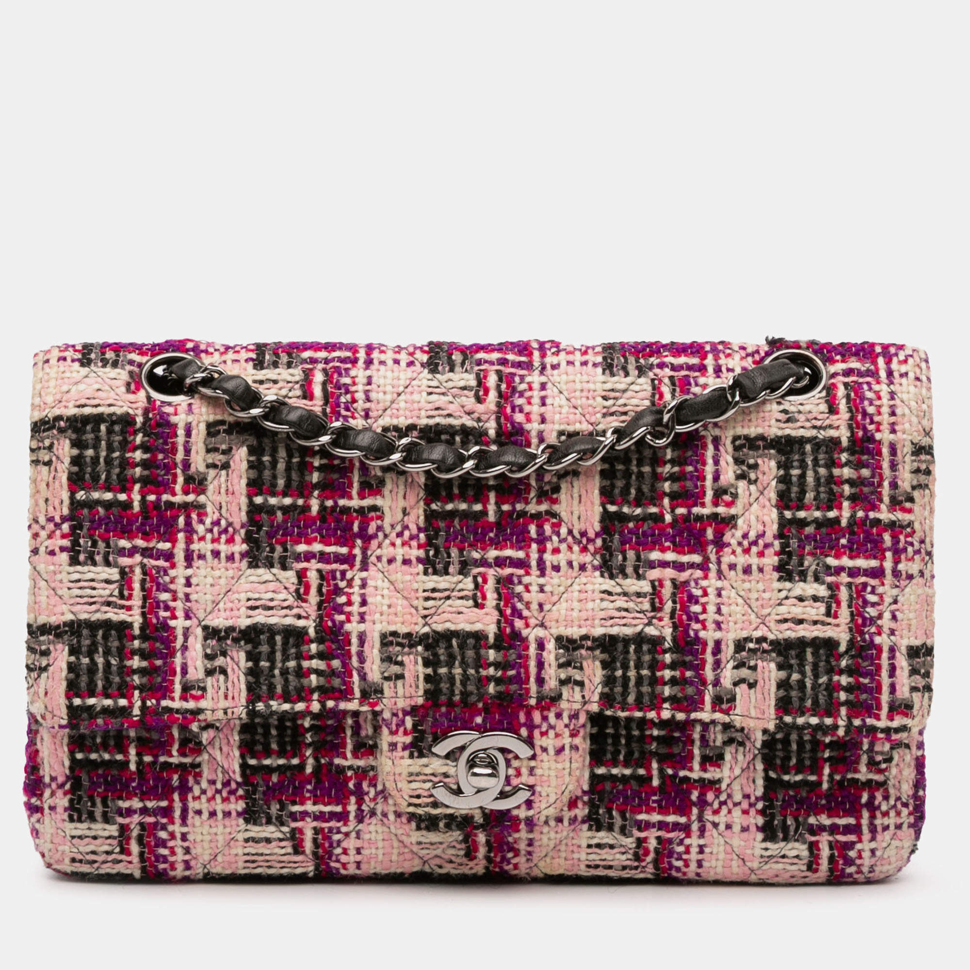 Pre Owned Chanel Pink Medium Classic Tweed Double Flap Bag