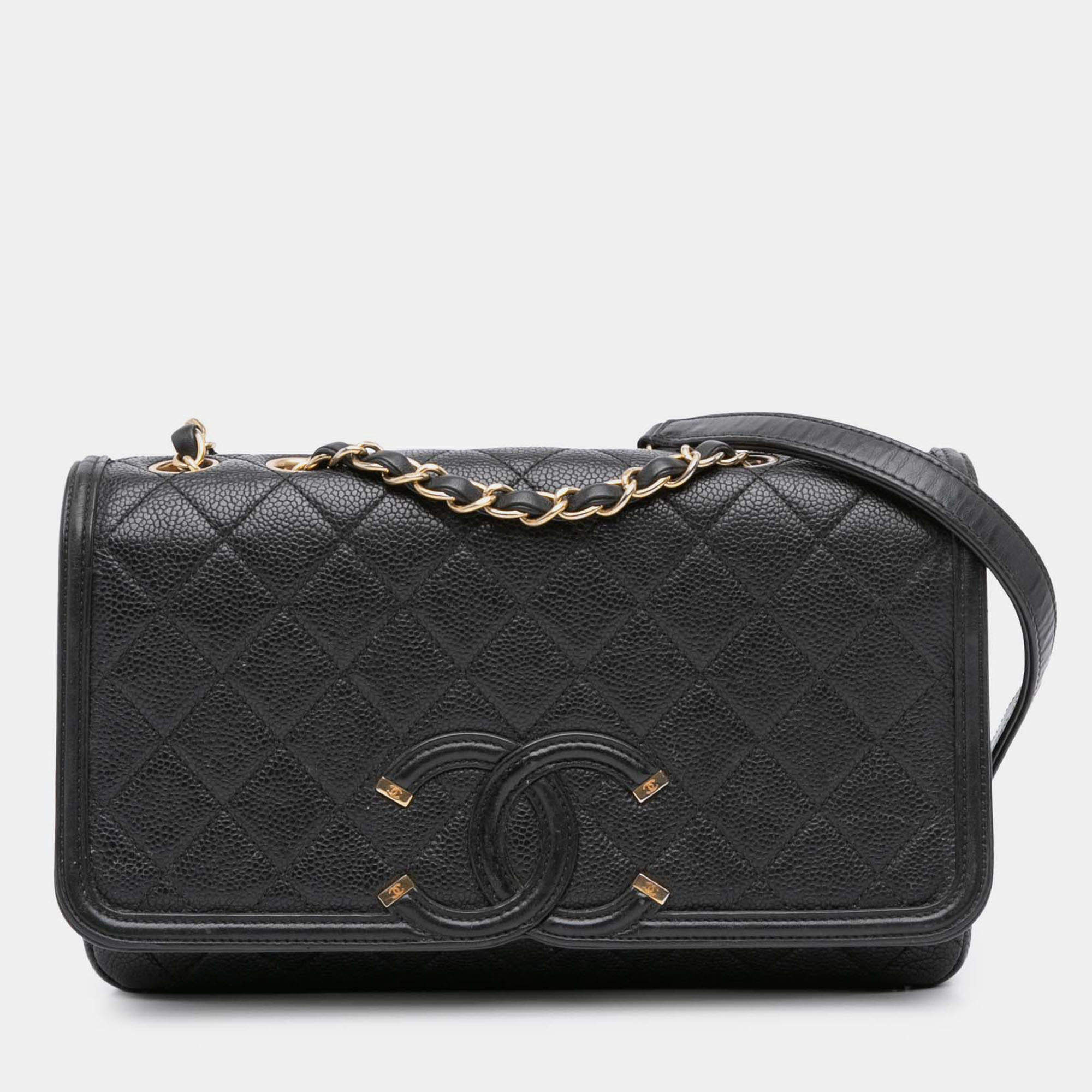 Pre Owned Chanel Black Medium Caviar CC Filigree Flap