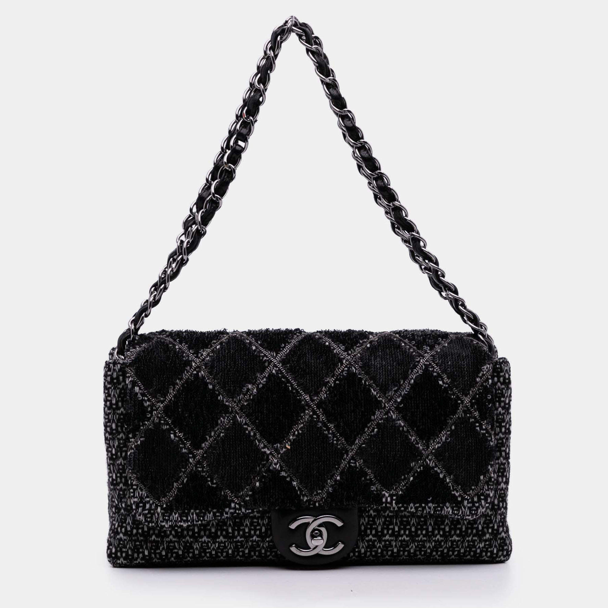 Pre Owned Chanel Black Large Tweed and Sequin Icons 3 Accordion Flap