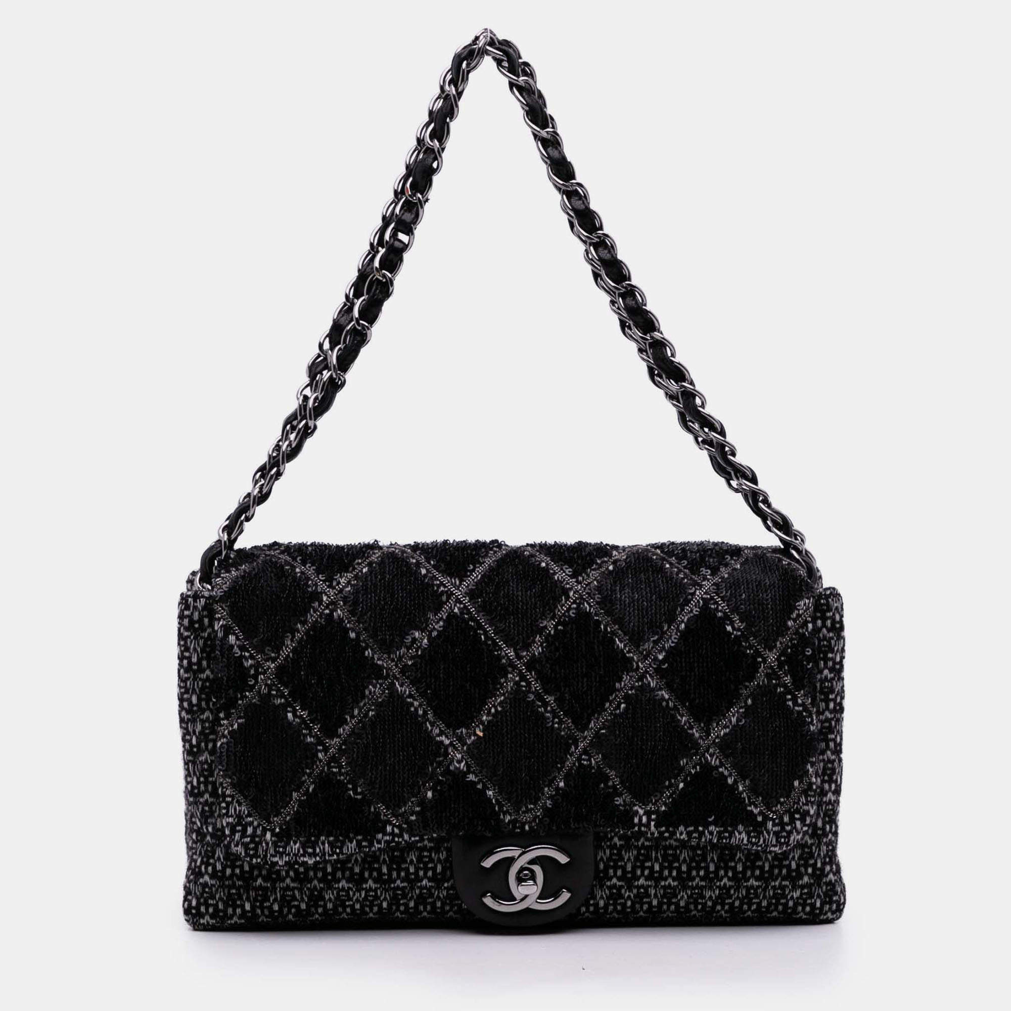 Pre Owned Chanel Black Large Tweed and Sequin Icons 3 Accordion Flap