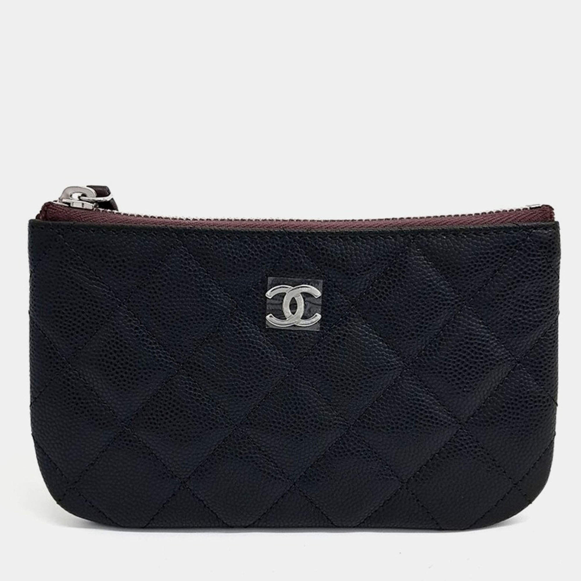 Pre Owned Chanel Black Leather Caviar Pouch