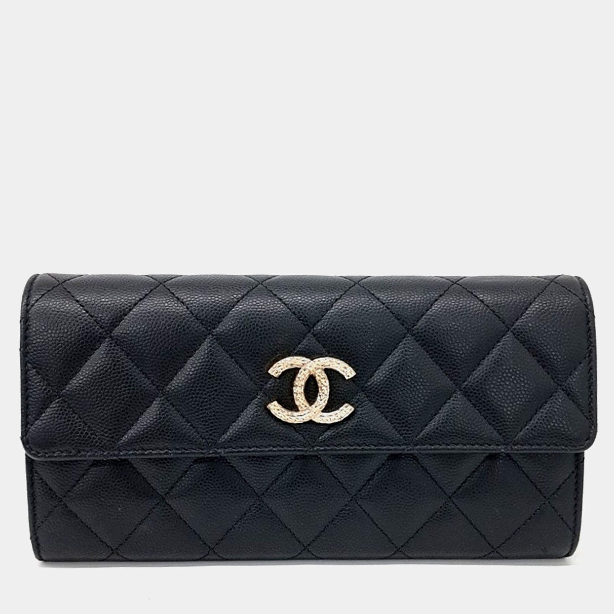 Pre Owned Chanel Black Leather caviar long wallet
