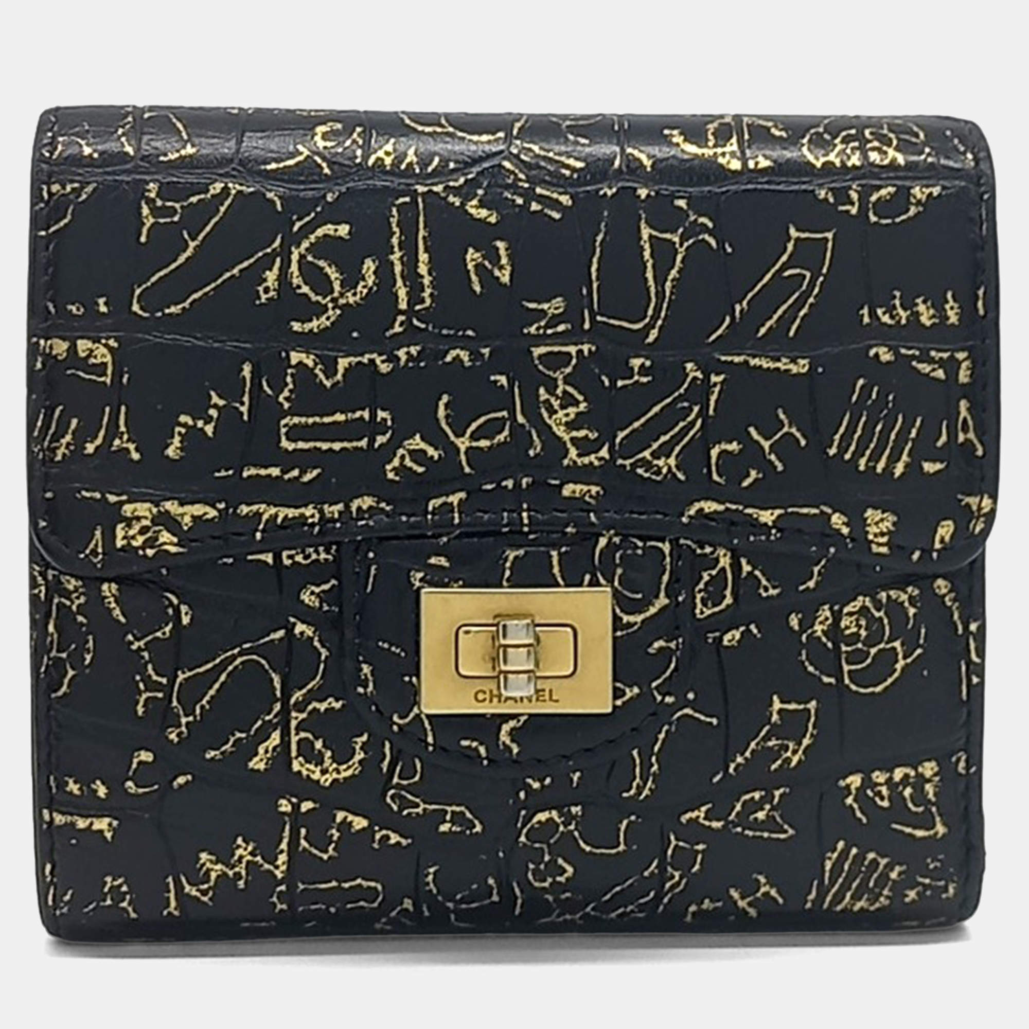 Pre Owned Chanel Black Gold Leather 2.55 Vintage Bifold Wallet