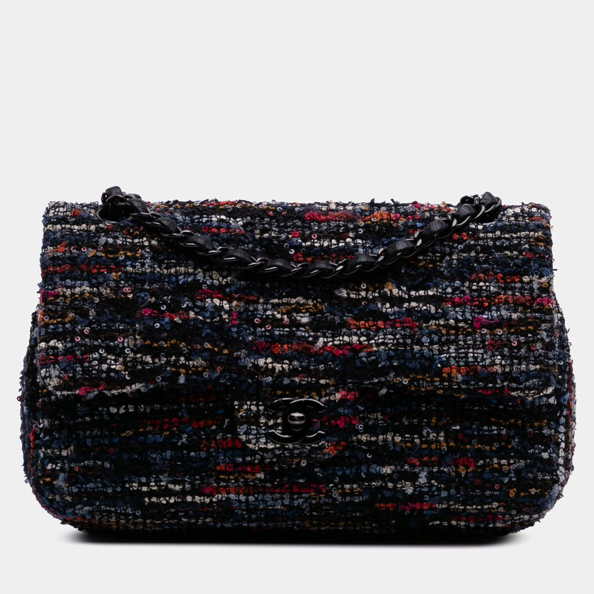 Pre Owned Chanel Blue Medium Classic Tweed Double Flap