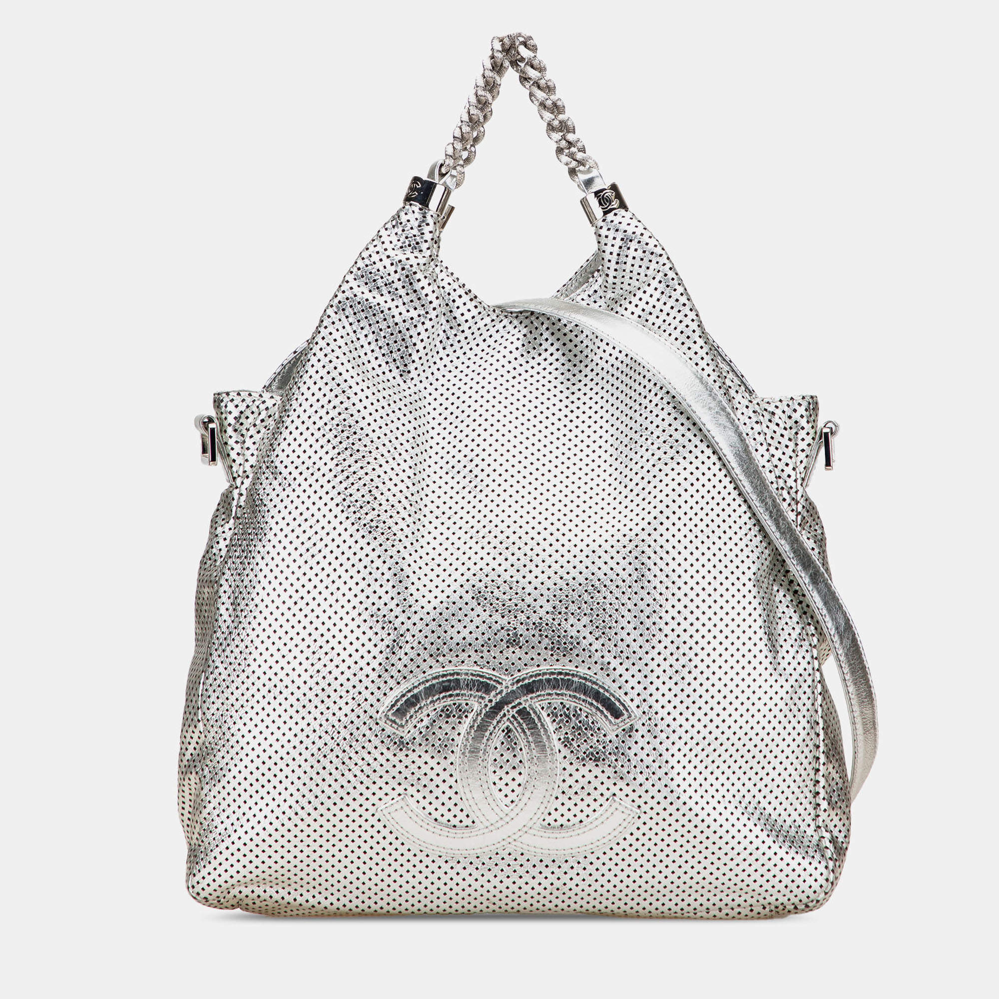 Pre Owned Chanel Silver Medium Metallic Glazed Calfskin Perforated Rodeo Drive Satchel