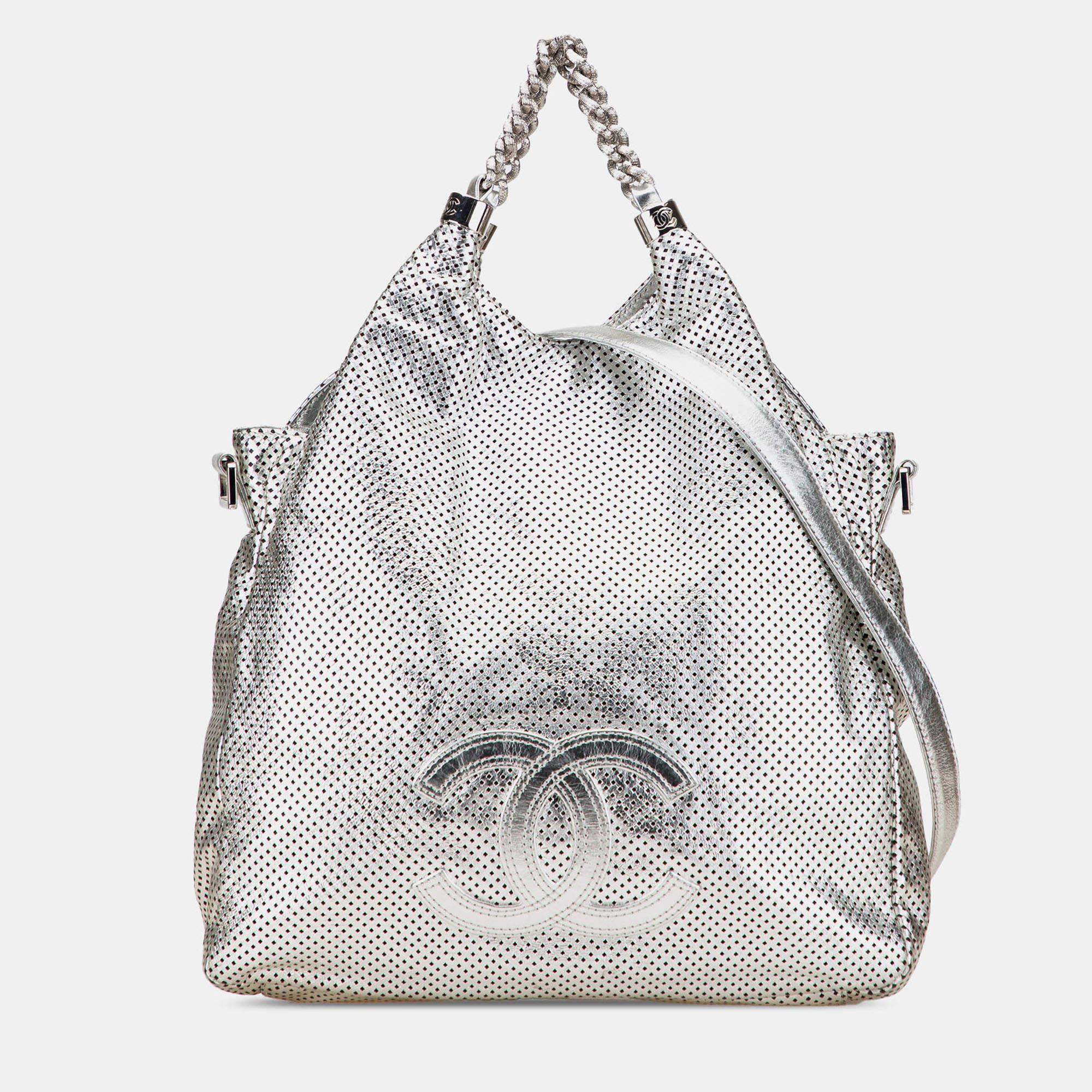 Pre Owned Chanel Silver Medium Metallic Glazed Calfskin Perforated Rodeo Drive Satchel