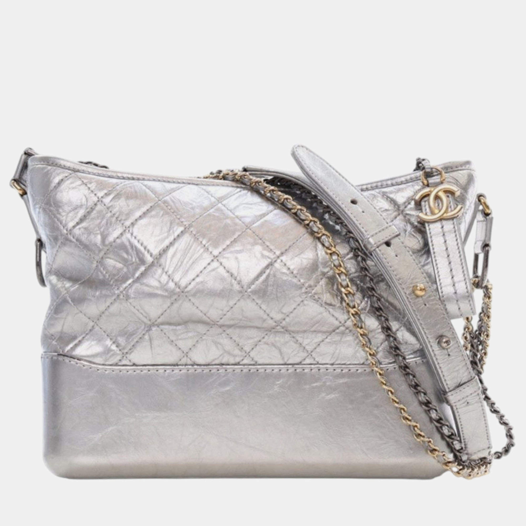 Pre Owned Chanel Silver Medium Metallic Aged Calfskin Gabrielle Crossbody