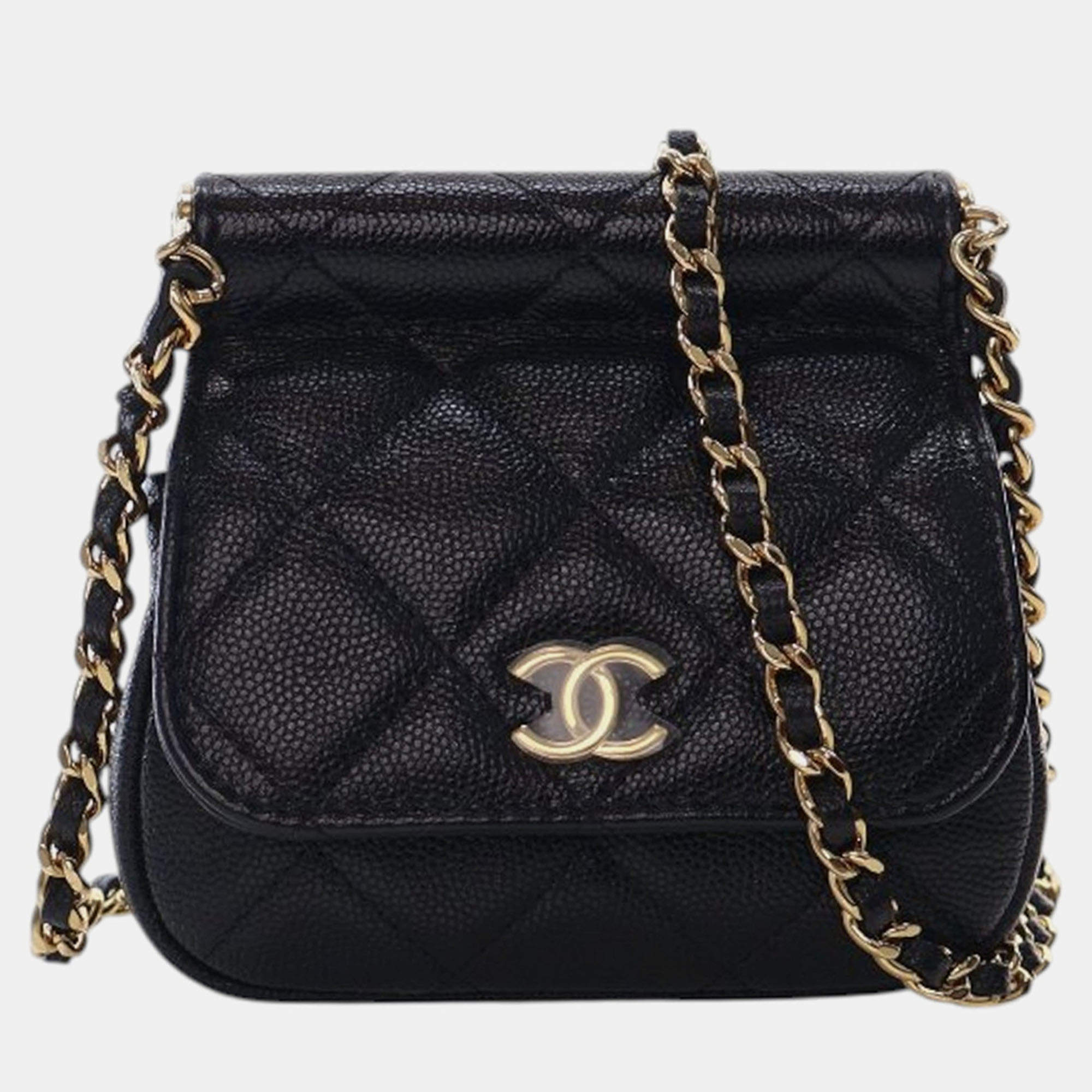 Pre Owned Chanel Black Mini Caviar Bar Clutch On Chain