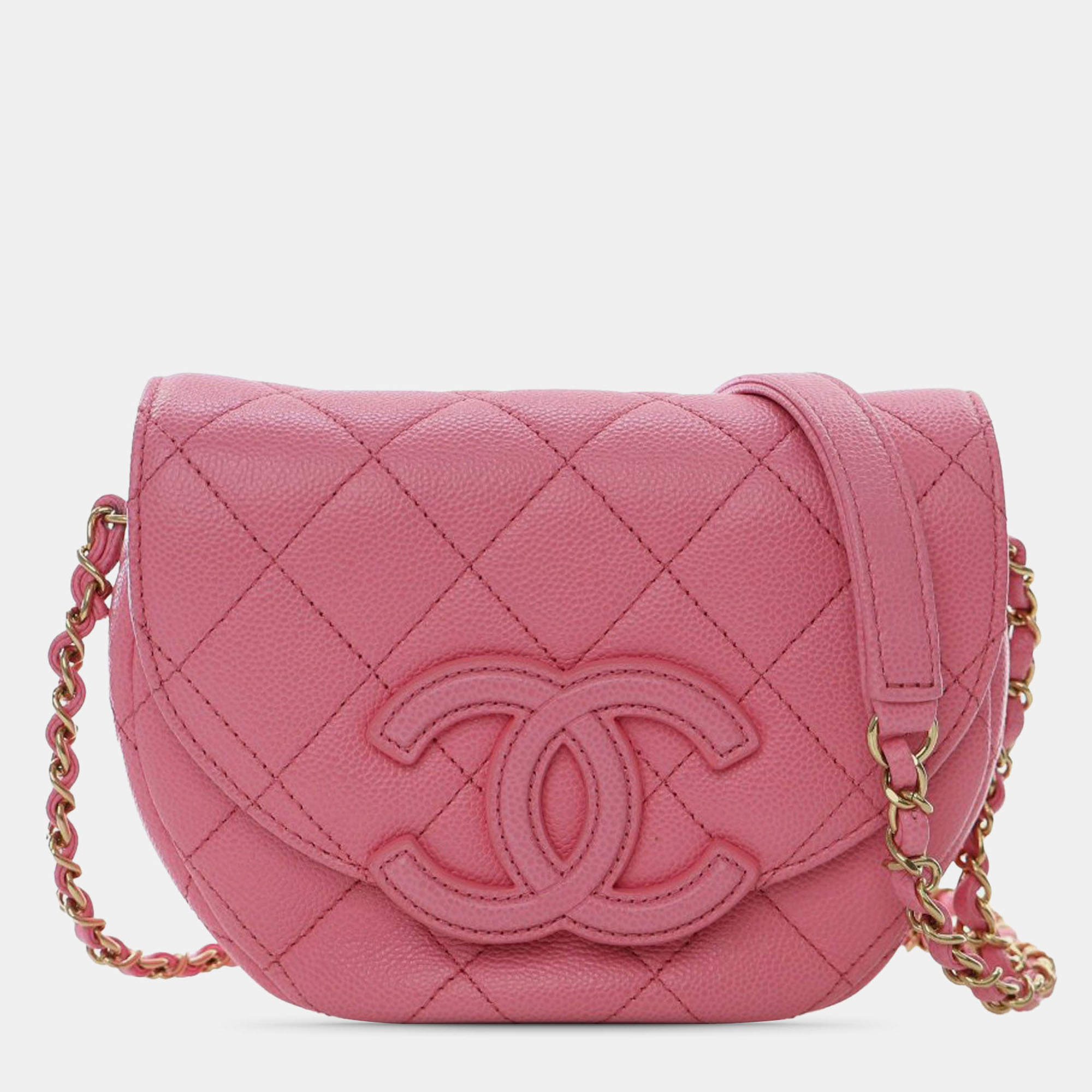 Pre Owned Chanel Pink Mini Quilted Caviar CC Messenger Flap