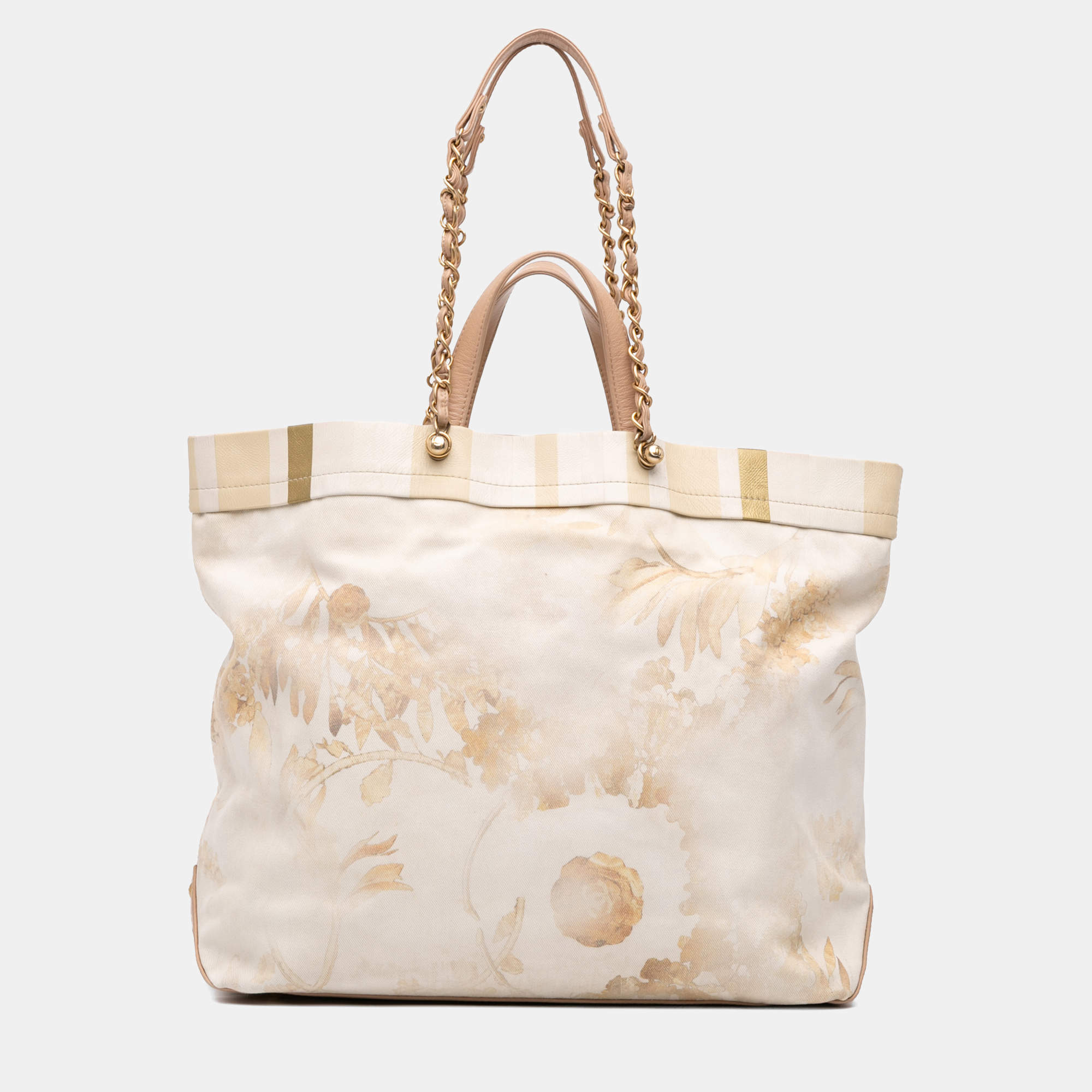 Pre Owned Chanel Beige Brown Canvas Floral Shopping Tote