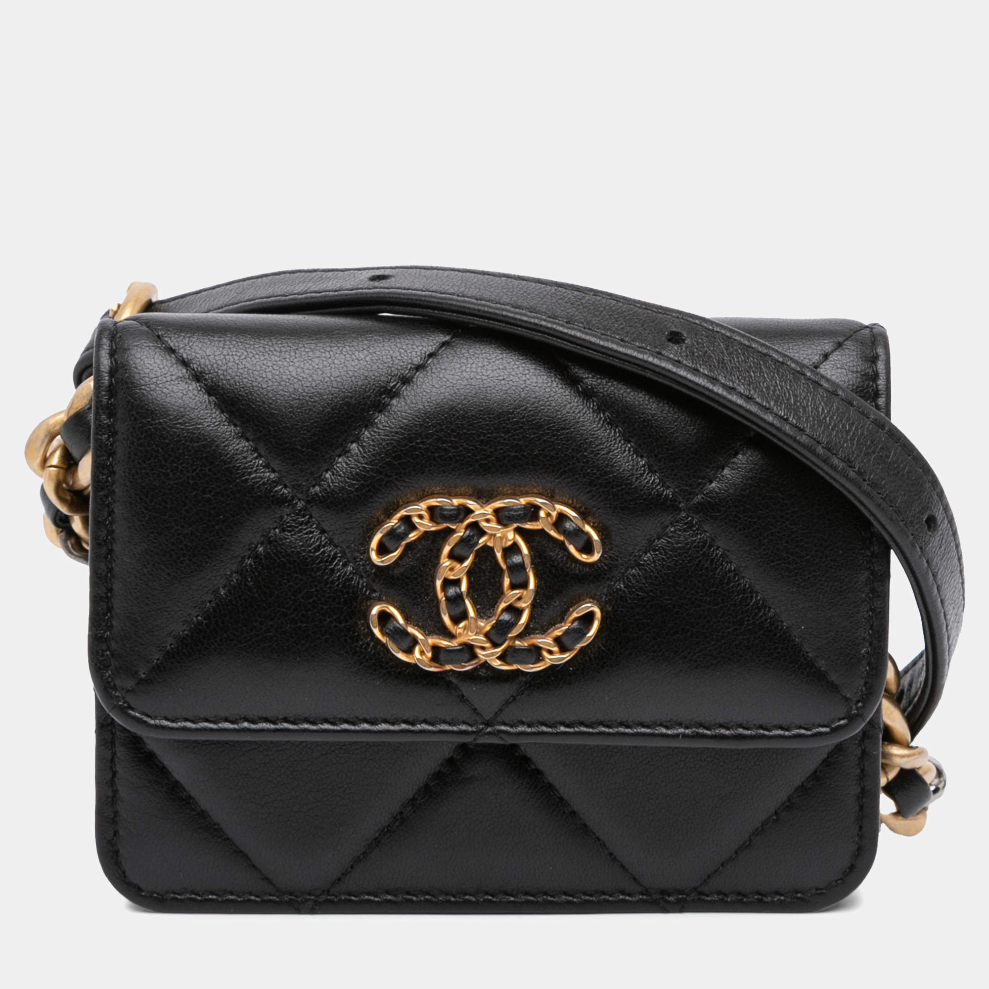 Pre Owned Chanel Black Quilted Lambskin 19 Flap Coin Purse With Chain