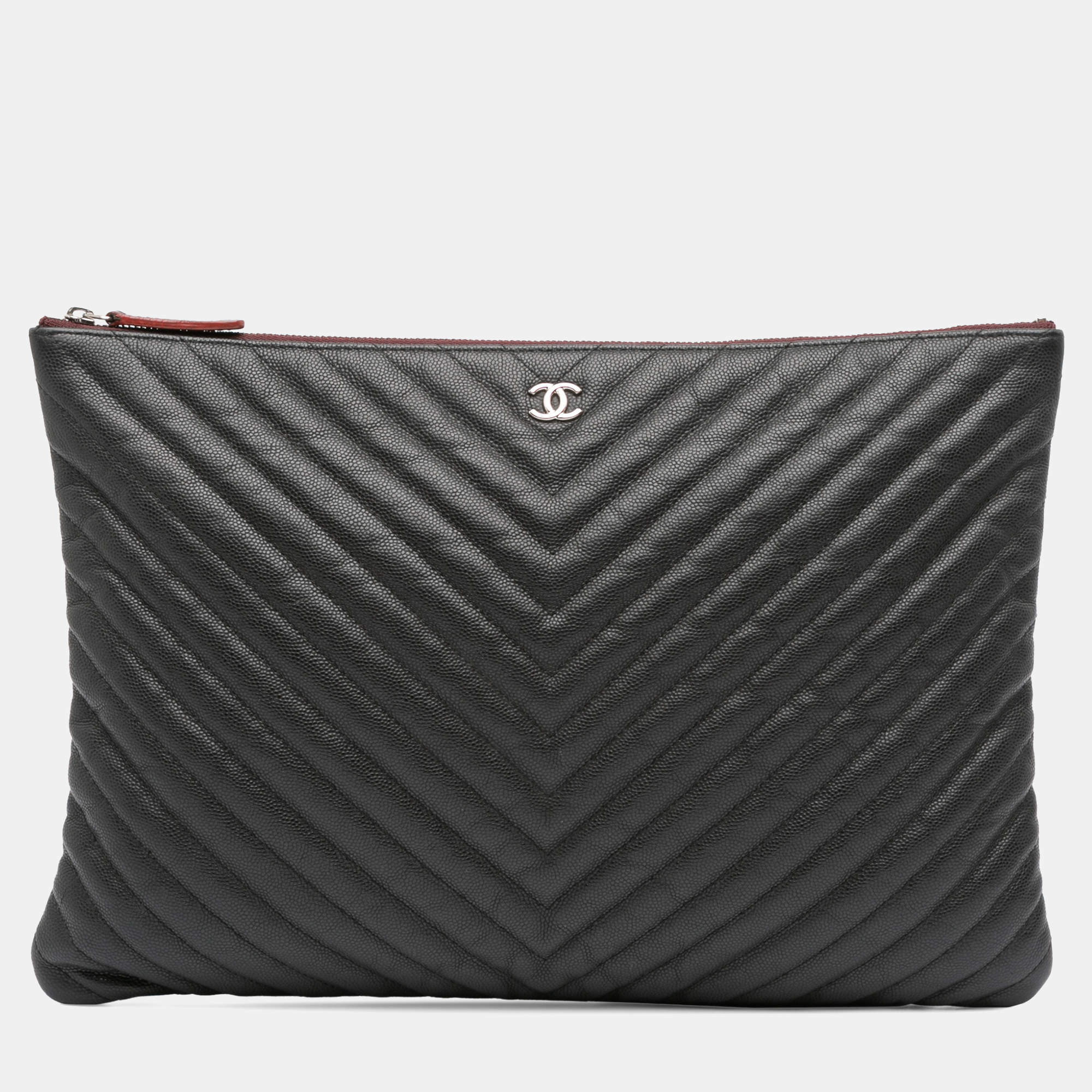 Pre Owned Chanel Black Large CC Chevron Caviar O Case Clutch