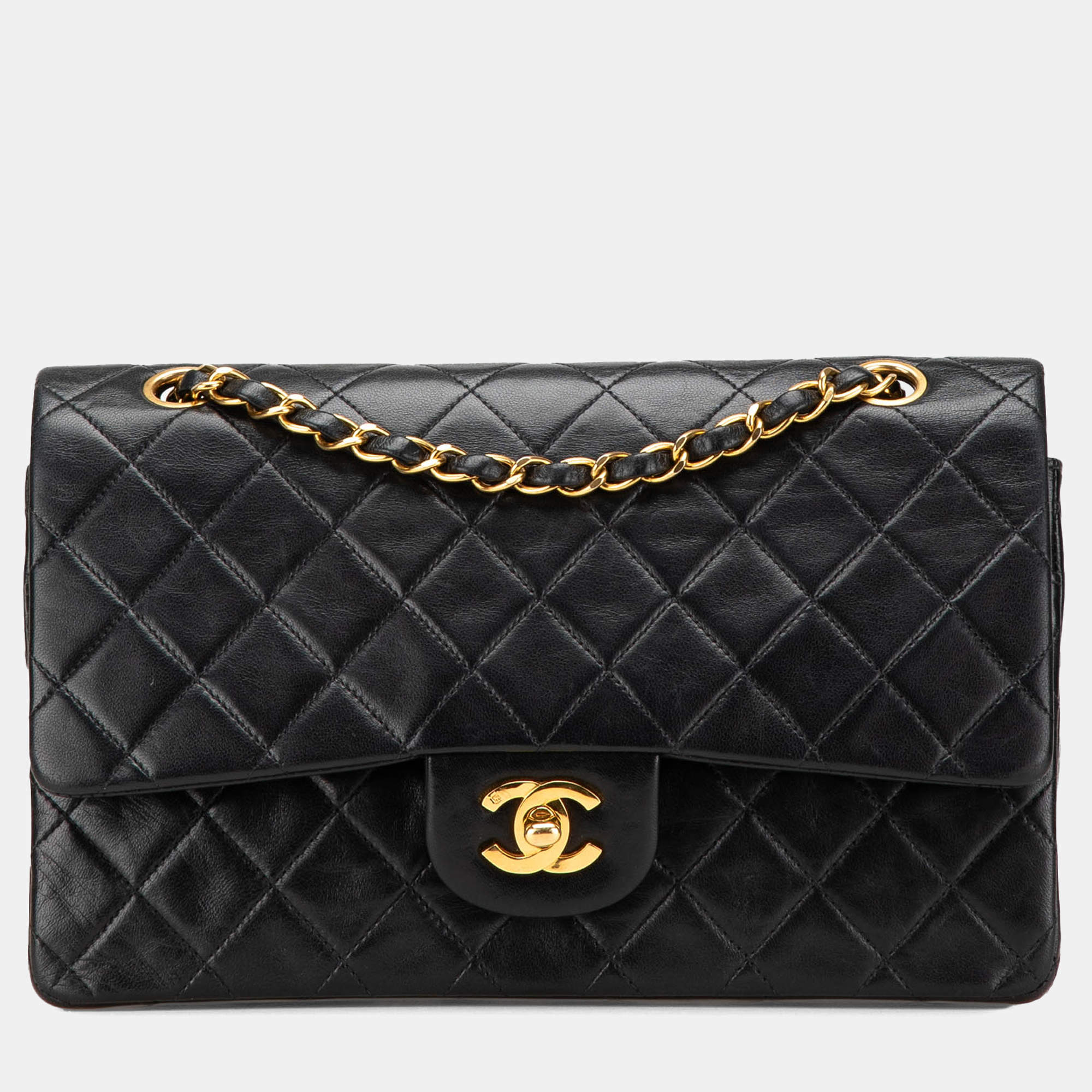 Pre Owned Chanel Black Medium Classic Lambskin Double Flap