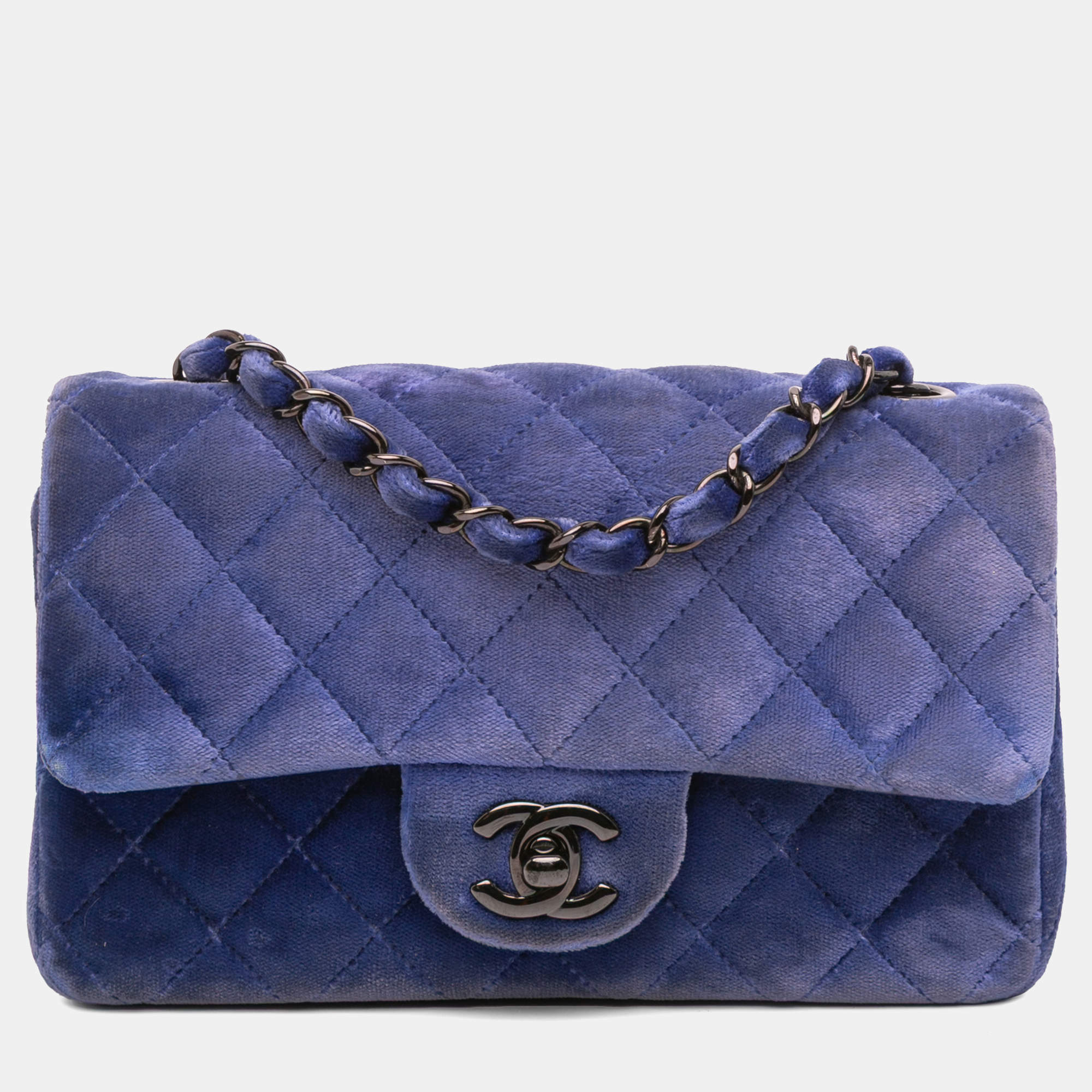 Pre Owned Chanel Blue Mini Rectangular Classic Velvet Single Flap