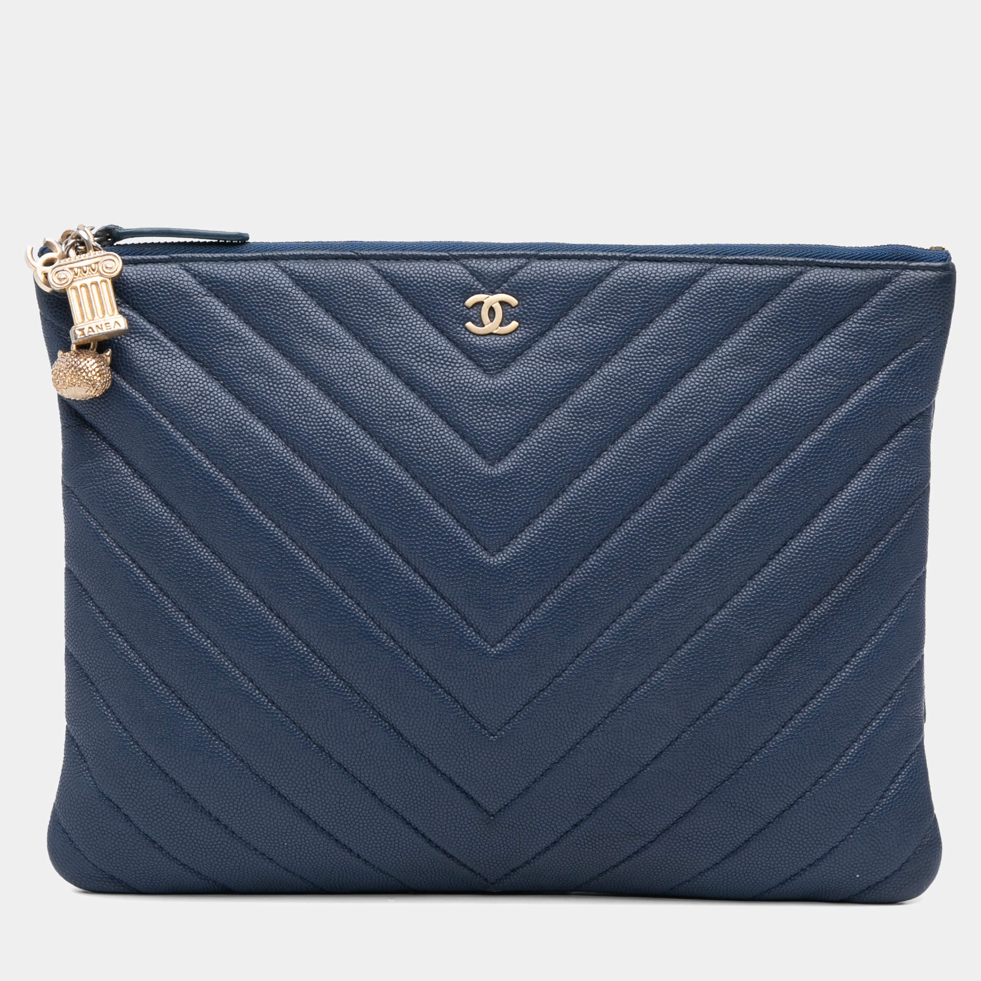 Pre Owned Chanel Blue Medium Chevron Caviar Ancient Greek Charms O Case Clutch