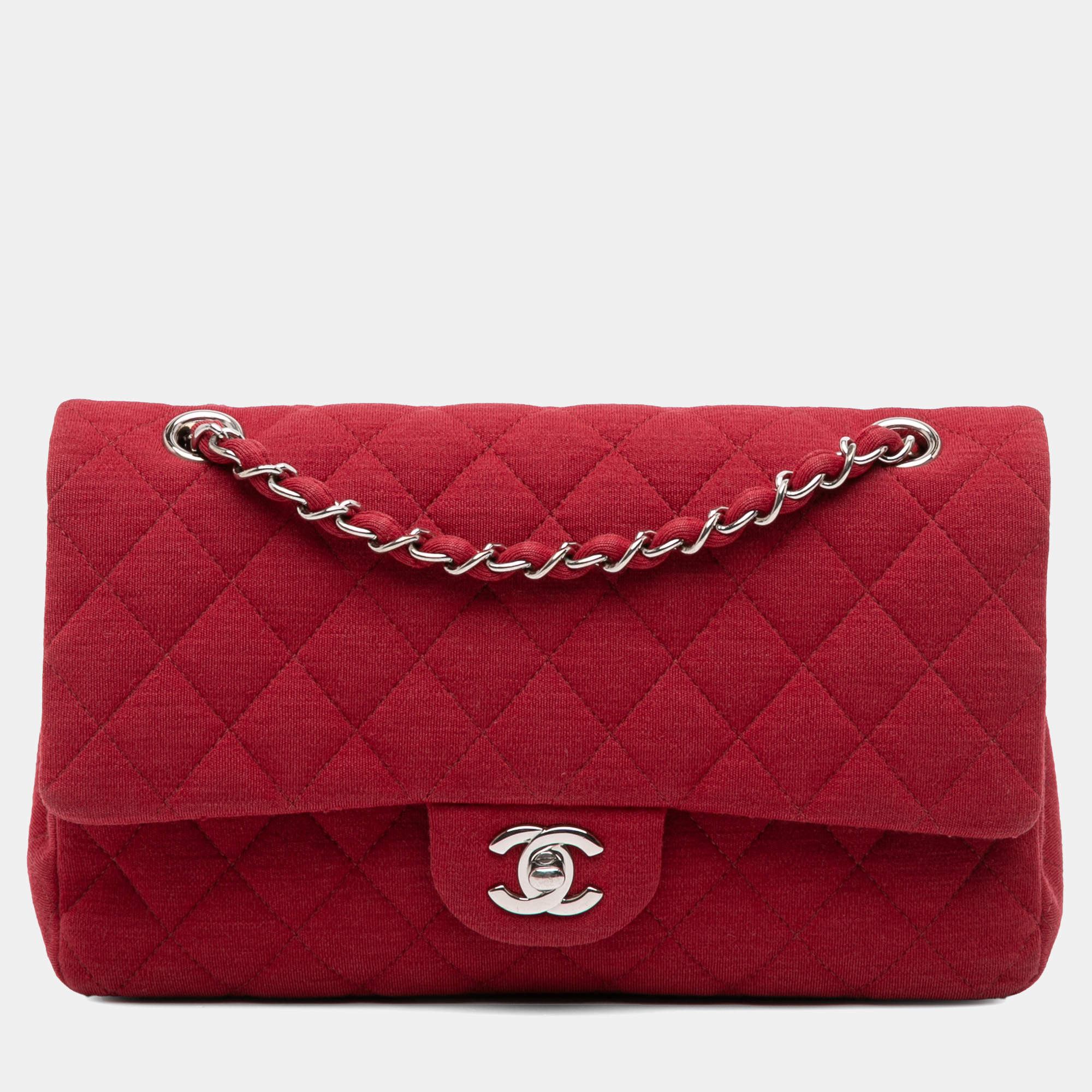 Pre Owned Chanel Red Medium Classic Jersey Double Flap