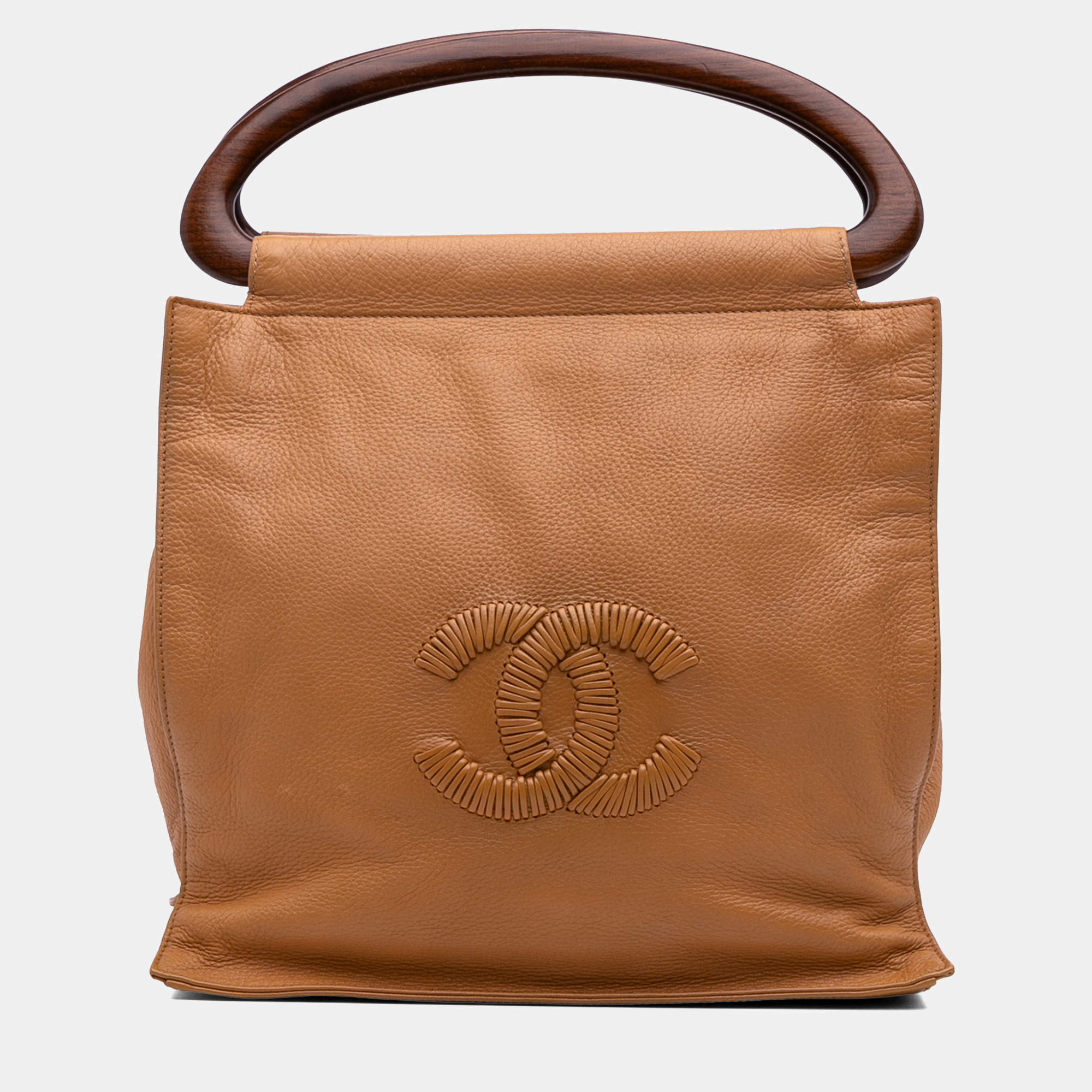 Pre Owned Chanel Brown CC Grained Calfskin Wooden Handle Tote