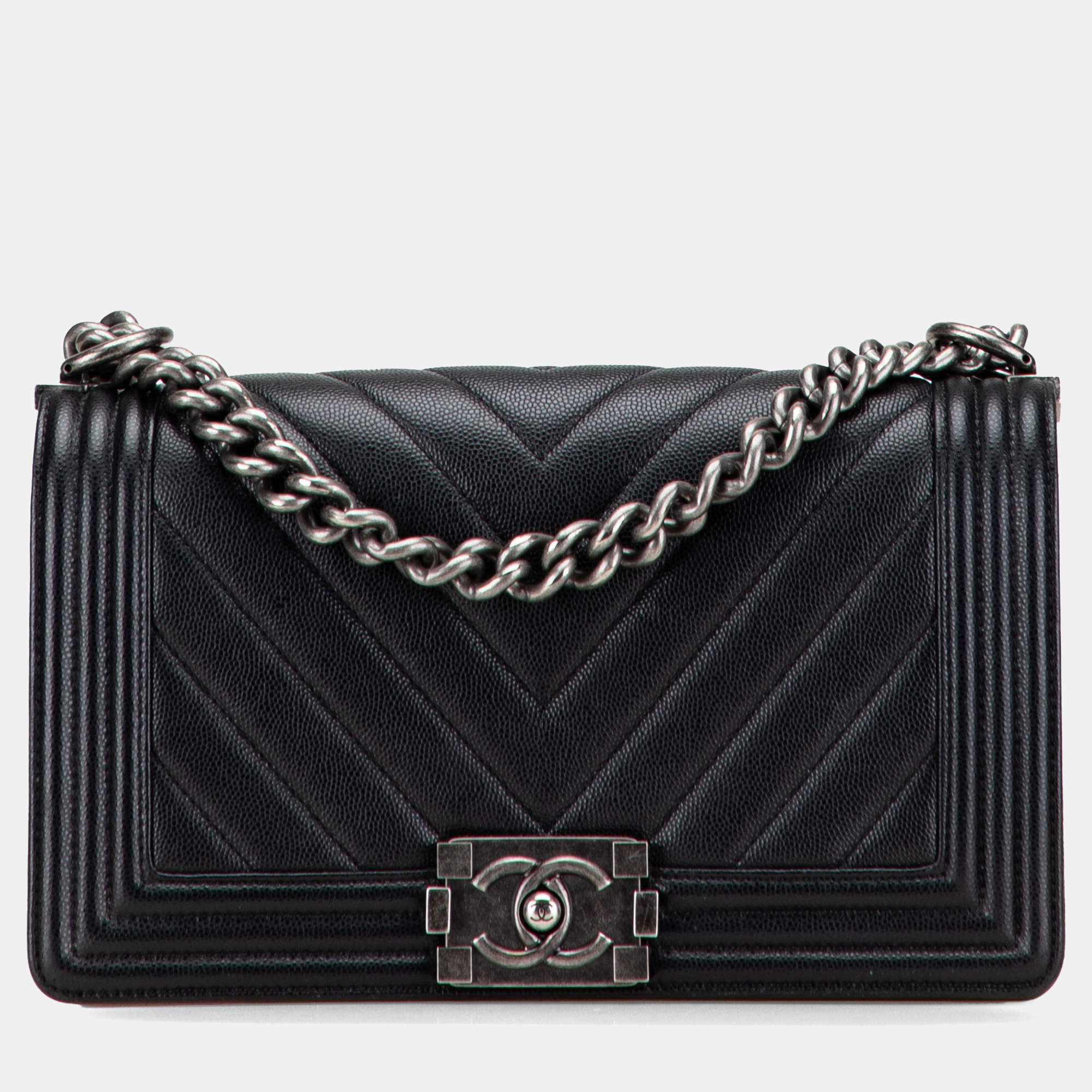 Pre Owned Chanel Black Old Medium Chevron Caviar Boy Flap