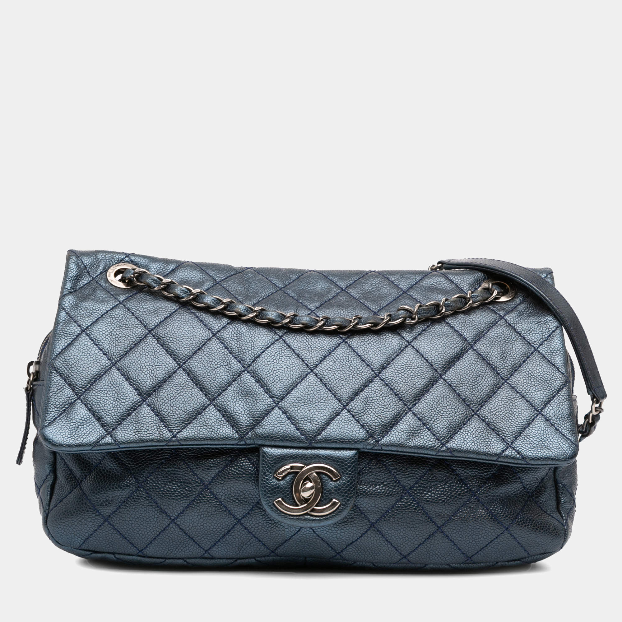 Pre Owned Chanel Blue Jumbo Quilted Iridescent Caviar Easy Flap