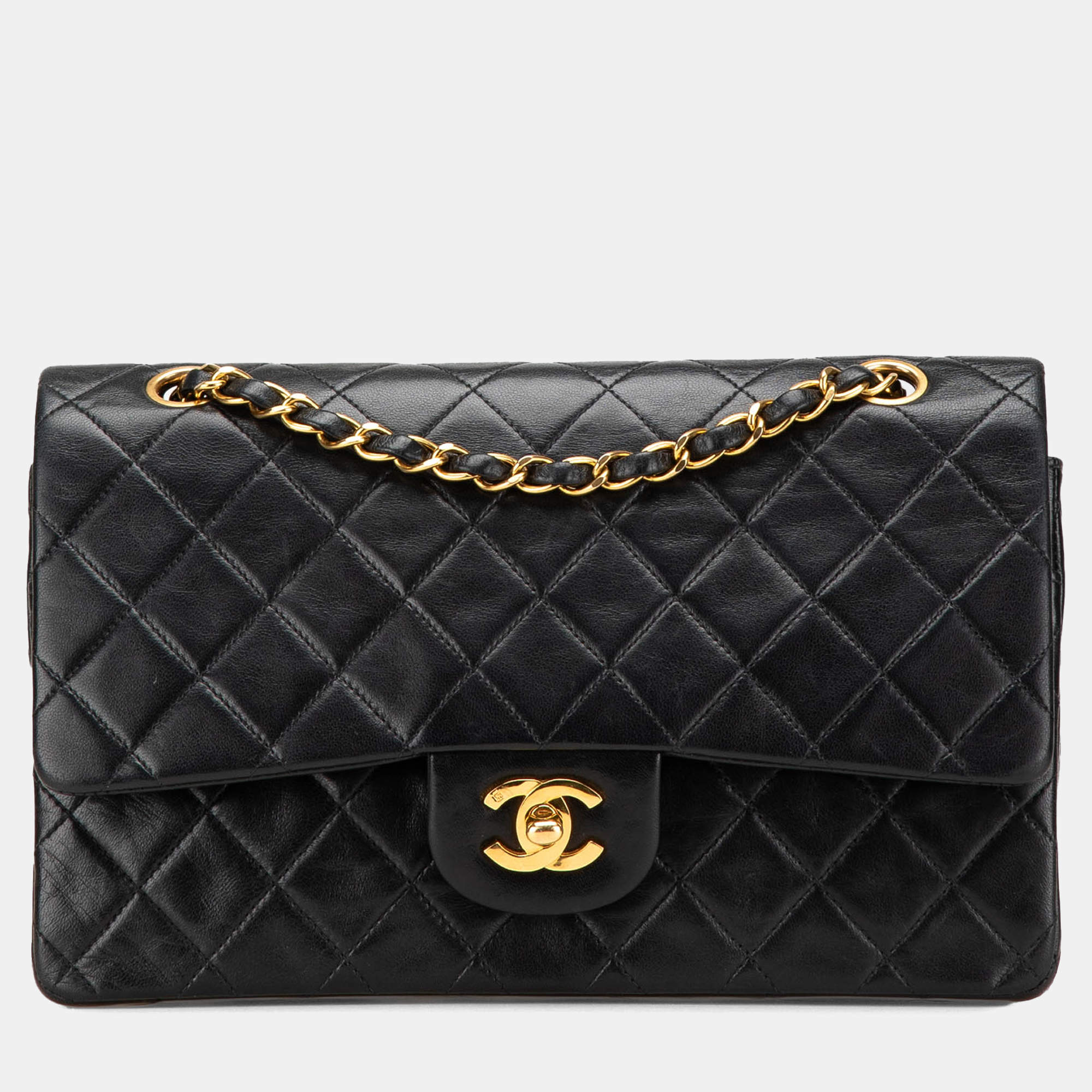 Pre Owned Chanel Black Medium Classic Lambskin Double Flap