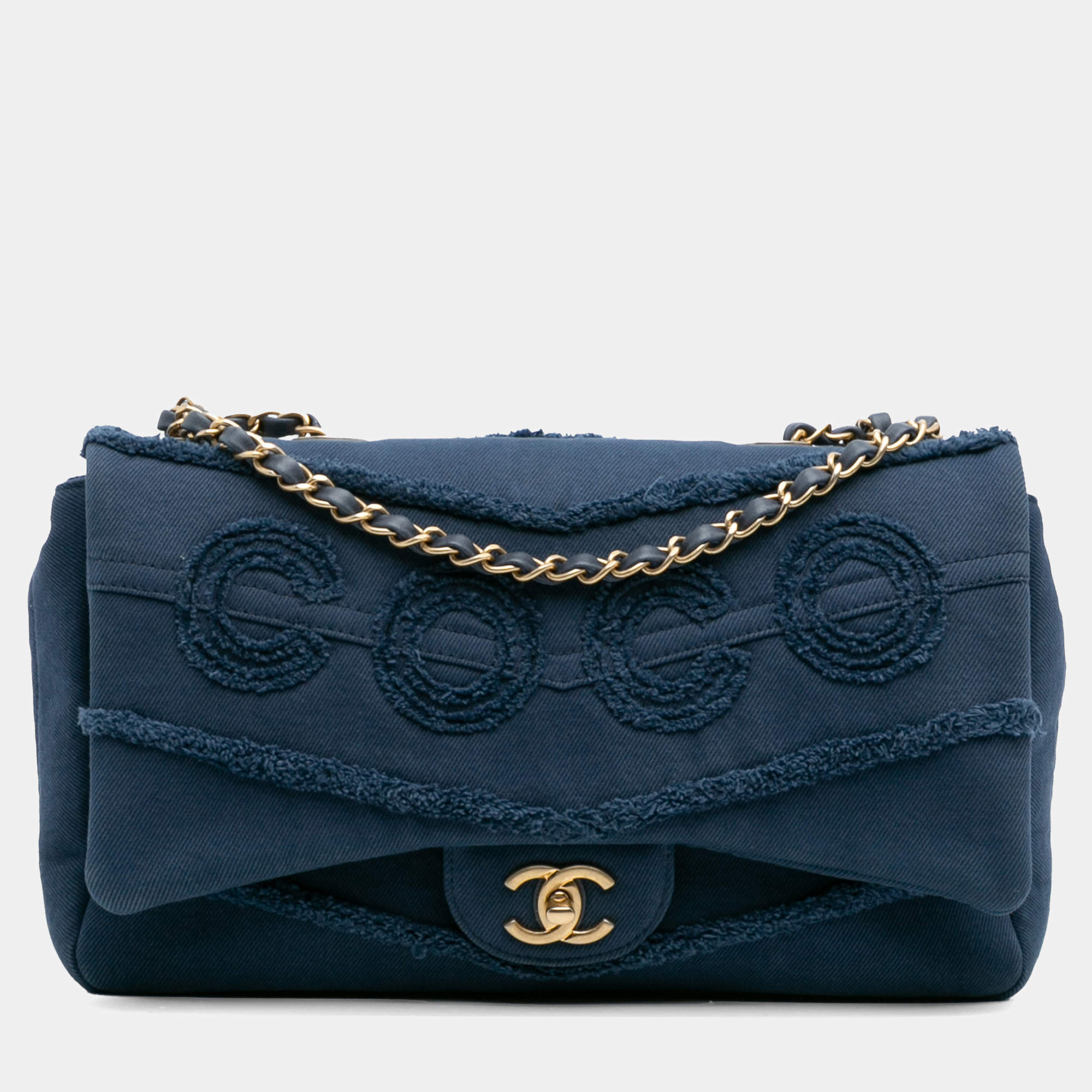 Pre Owned Chanel Blue Jumbo Chevron Denim Fringe Coco Flap