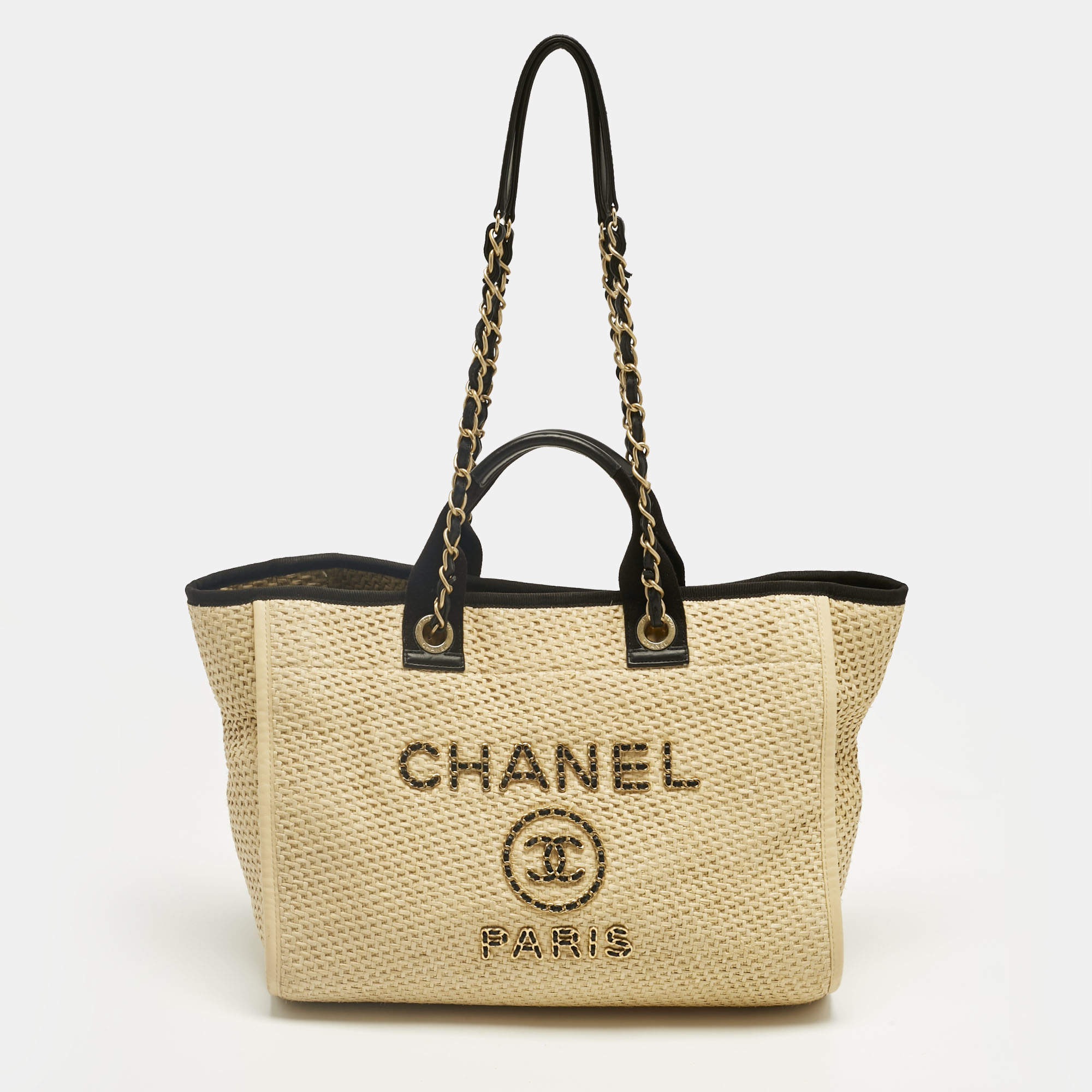 Pre Owned Chanel Cream/Black Raffia and Leather Large Deauville Bag