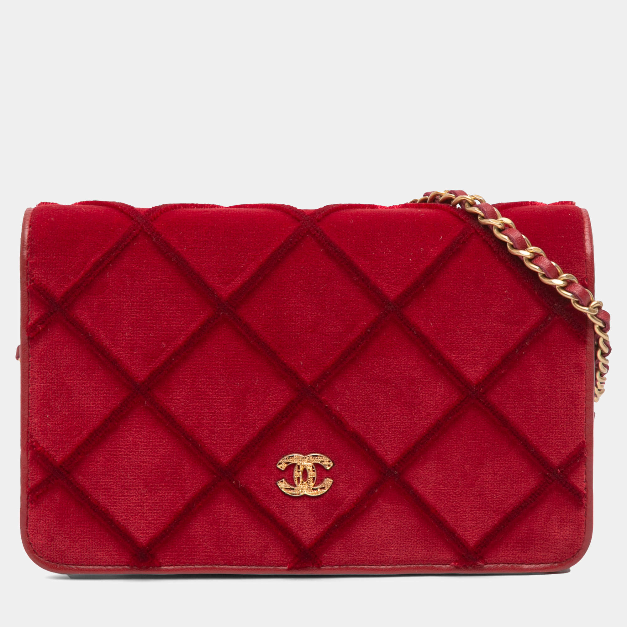 Pre Owned Chanel Red CC Quilted Velvet Wallet on Chain