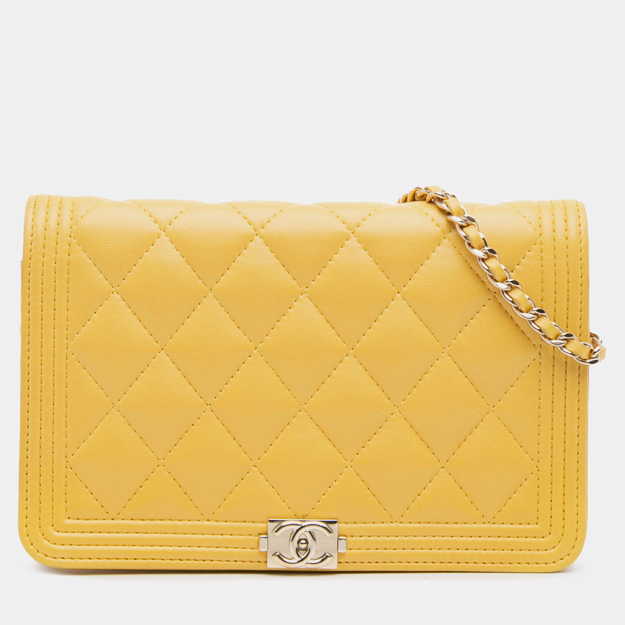 Pre Owned Chanel Yellow Quilted Lambskin Boy Wallet On Chain