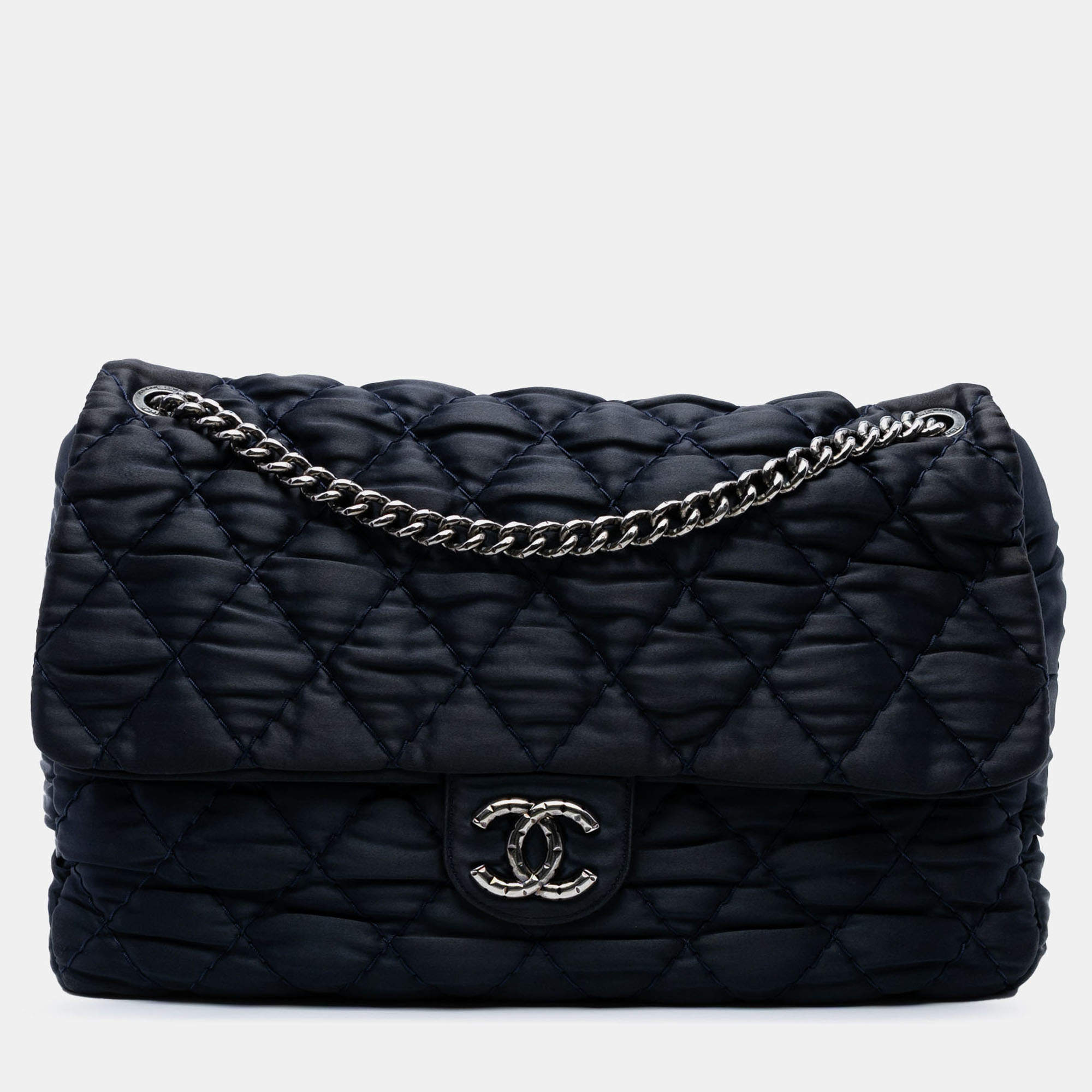 Pre Owned Chanel Navy Blue Extra Large CC Quilted Satin Single Flap