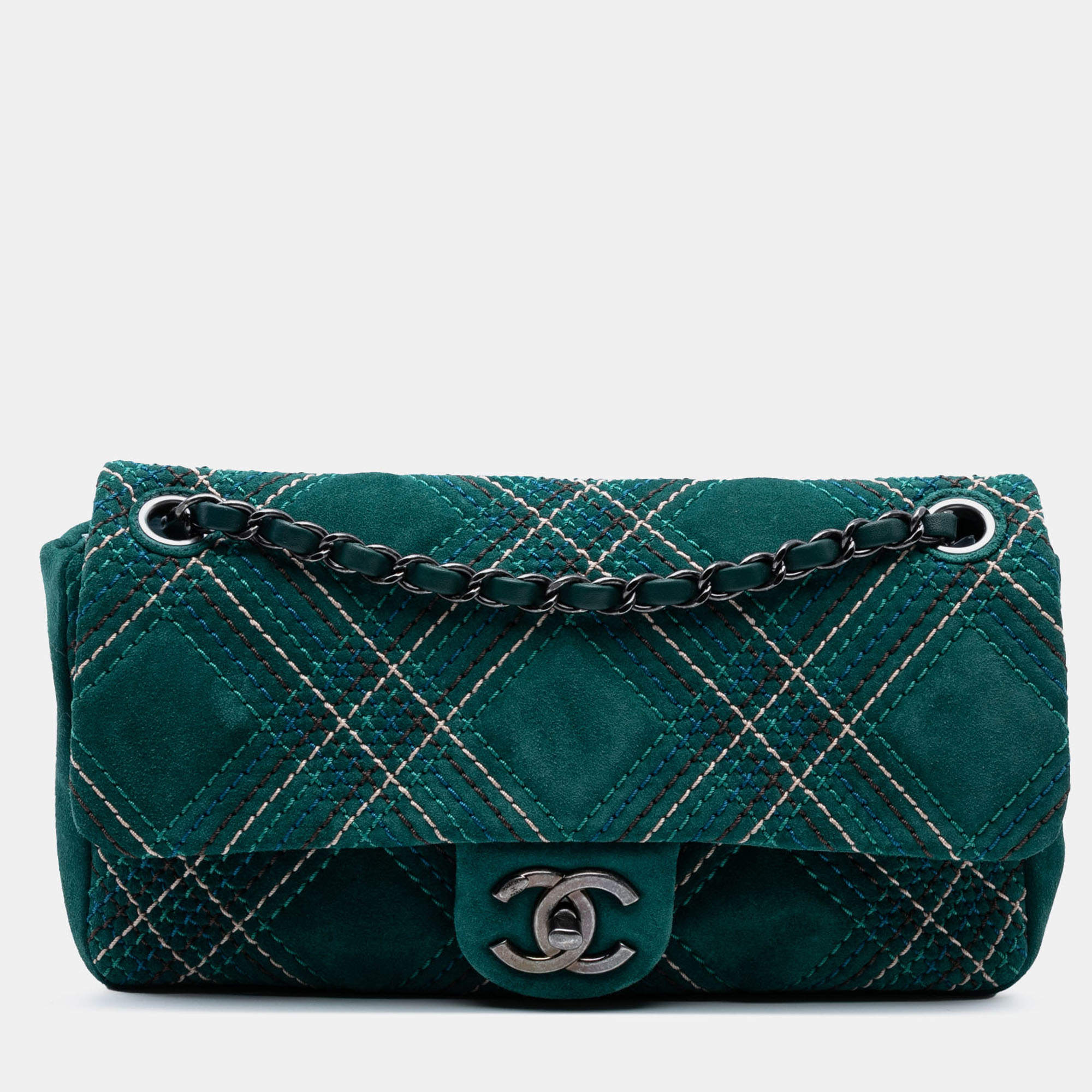 Pre Owned Chanel Green Paris Edinburgh Medium Stitched Suede Saltire Single Flap