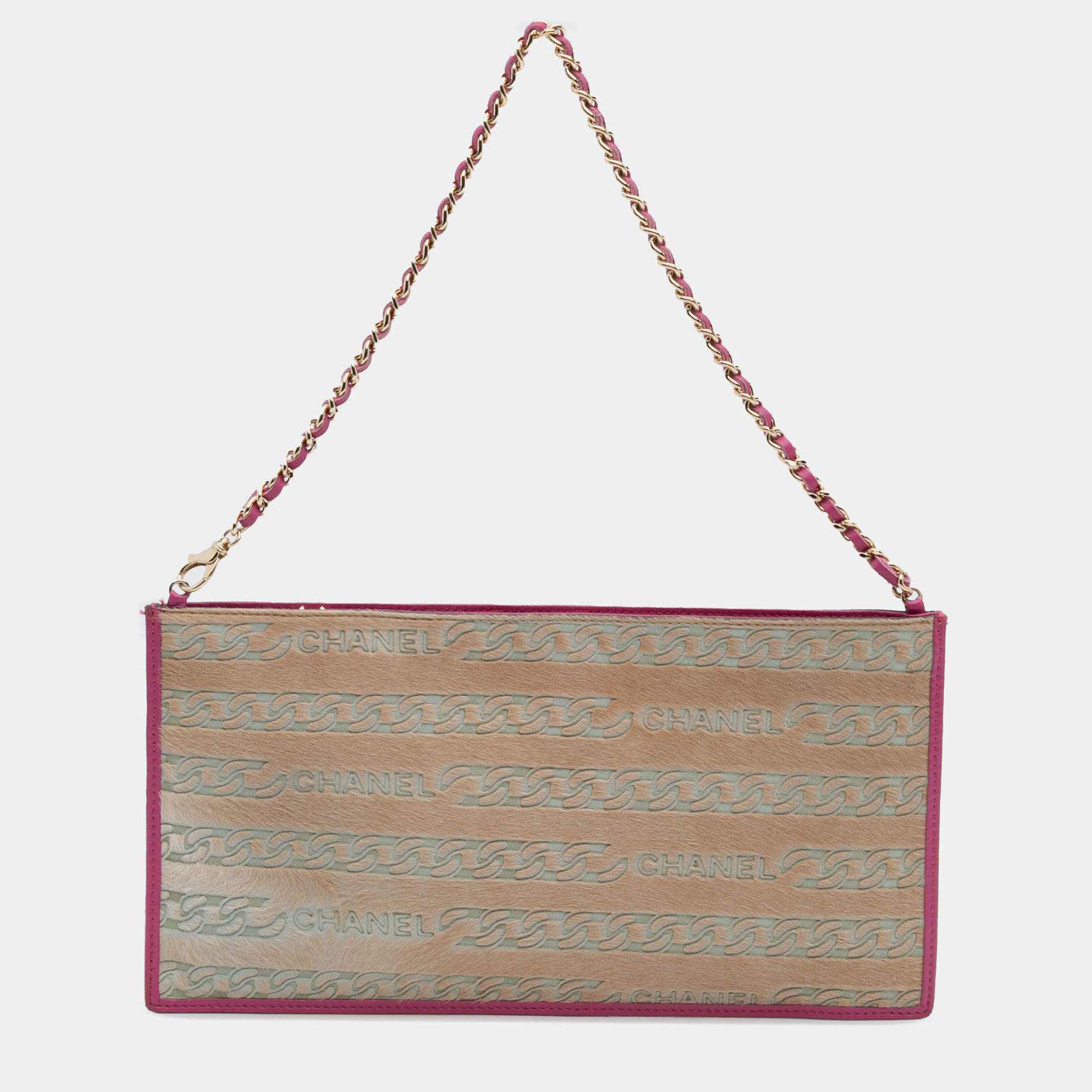 Pre Owned Chanel Pink Pony Hair Logo Chain Pochette