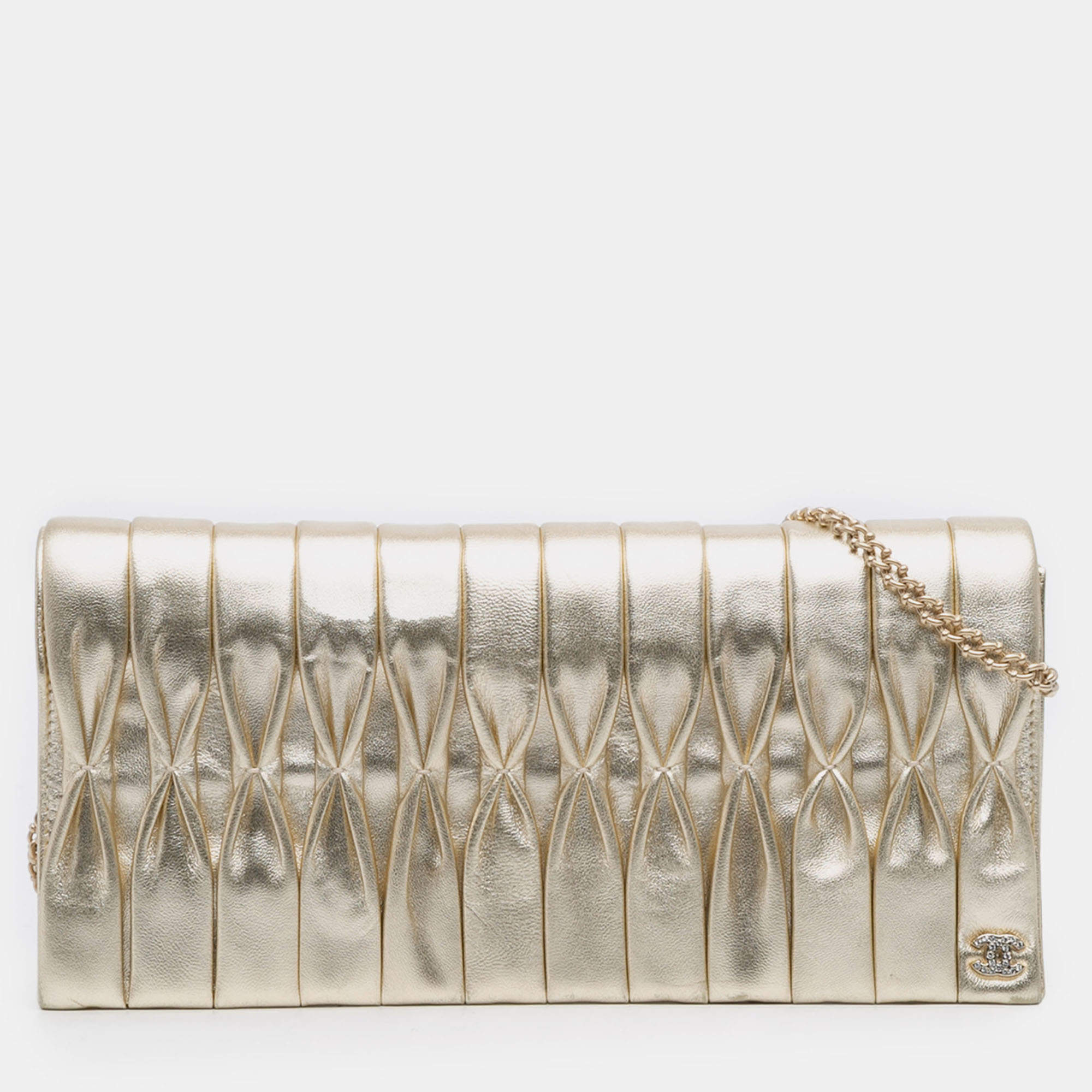 Pre Owned Chanel Gold CC Metallic Pleated Lambskin Chain Link Shoulder Bag