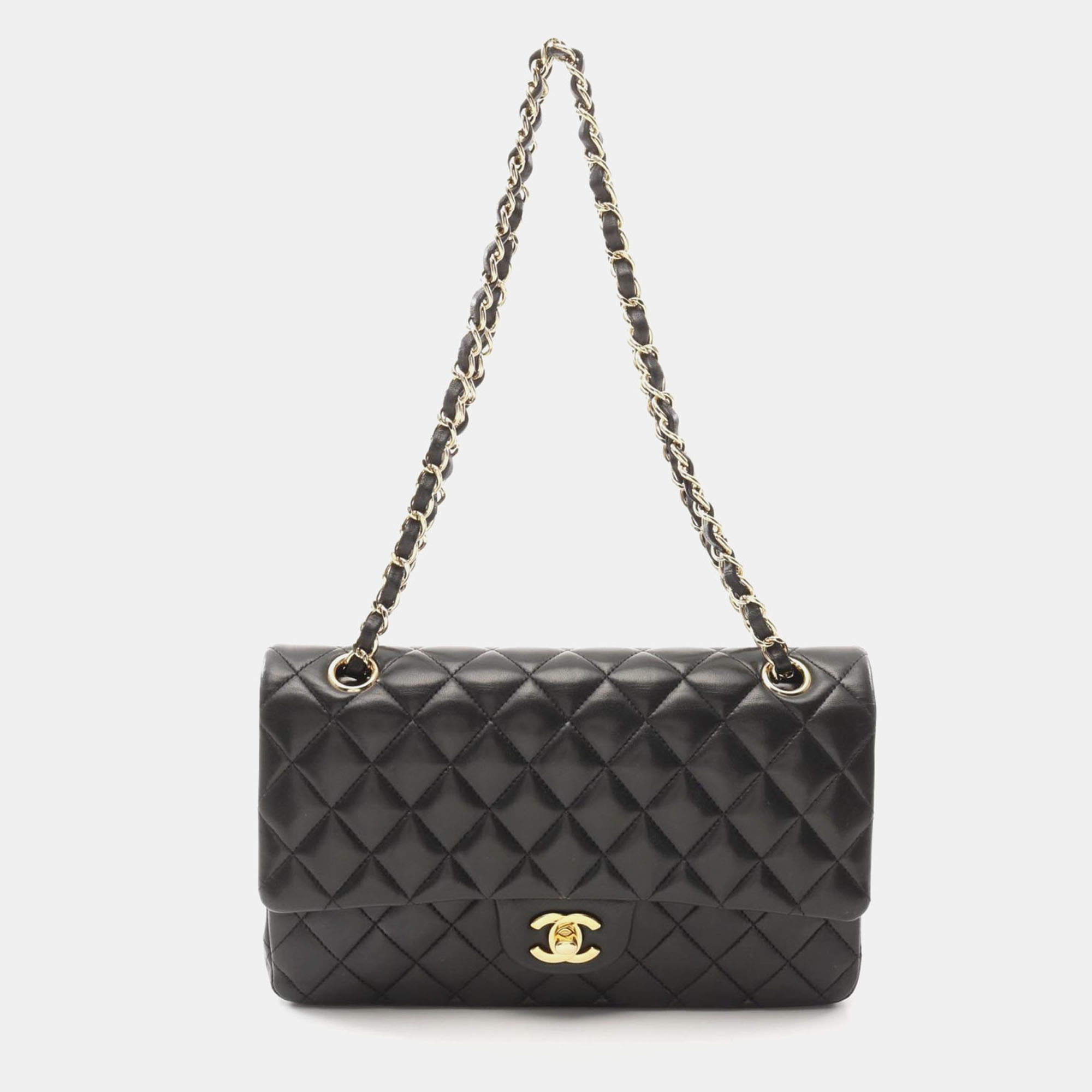 Pre Owned Chanel Classic Double Flap Small Black Lambskin Leather Shoulder Bag