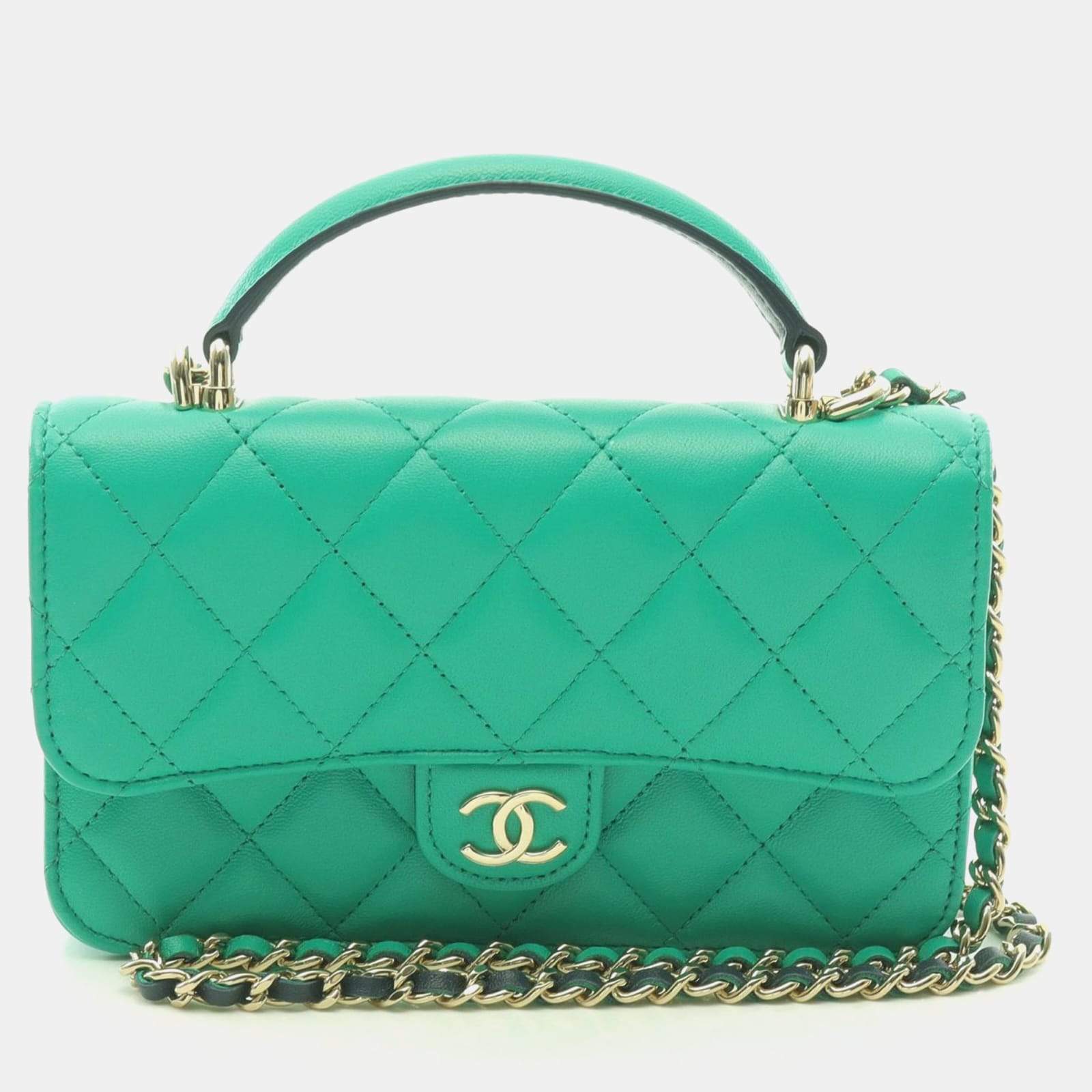 Pre Owned Chanel Green Leather Top Handle Flap Shoulder Bag