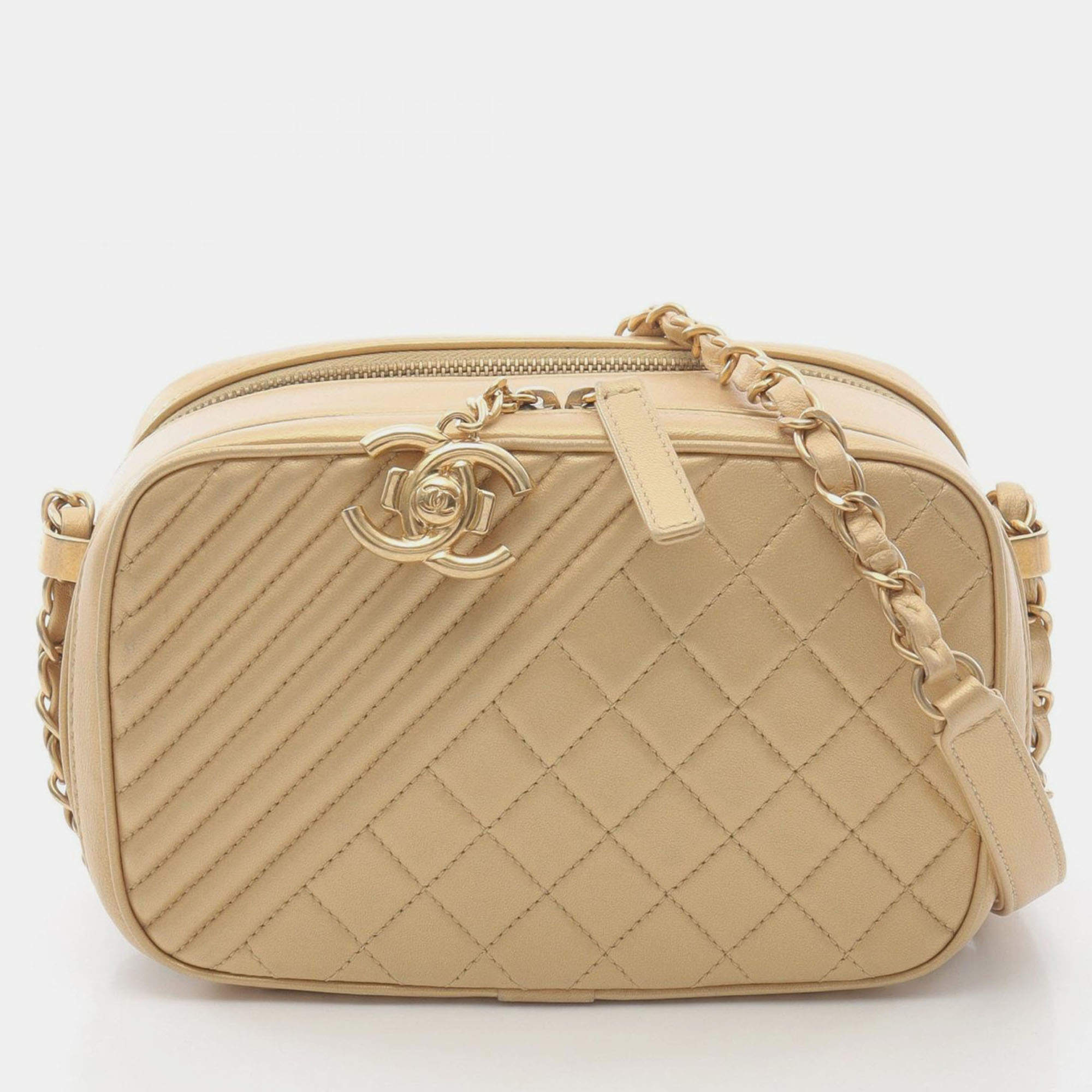 Pre Owned Chanel Coco Boy Gold Metallic Leather Camera Bag