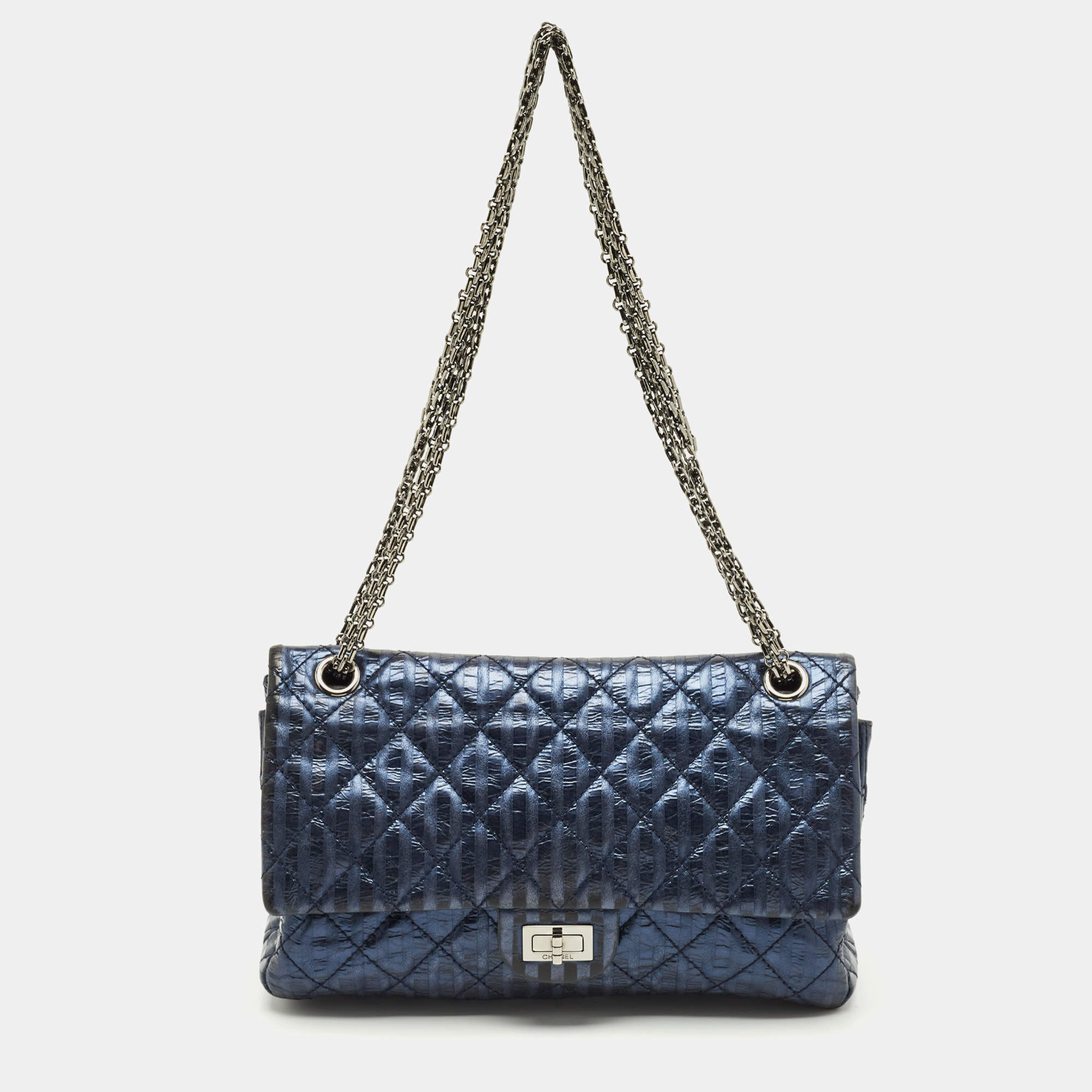 Pre Owned Chanel Metallic Blue Quilted Striped Leather Classic 226 Reissue 2.55 Flap Bag