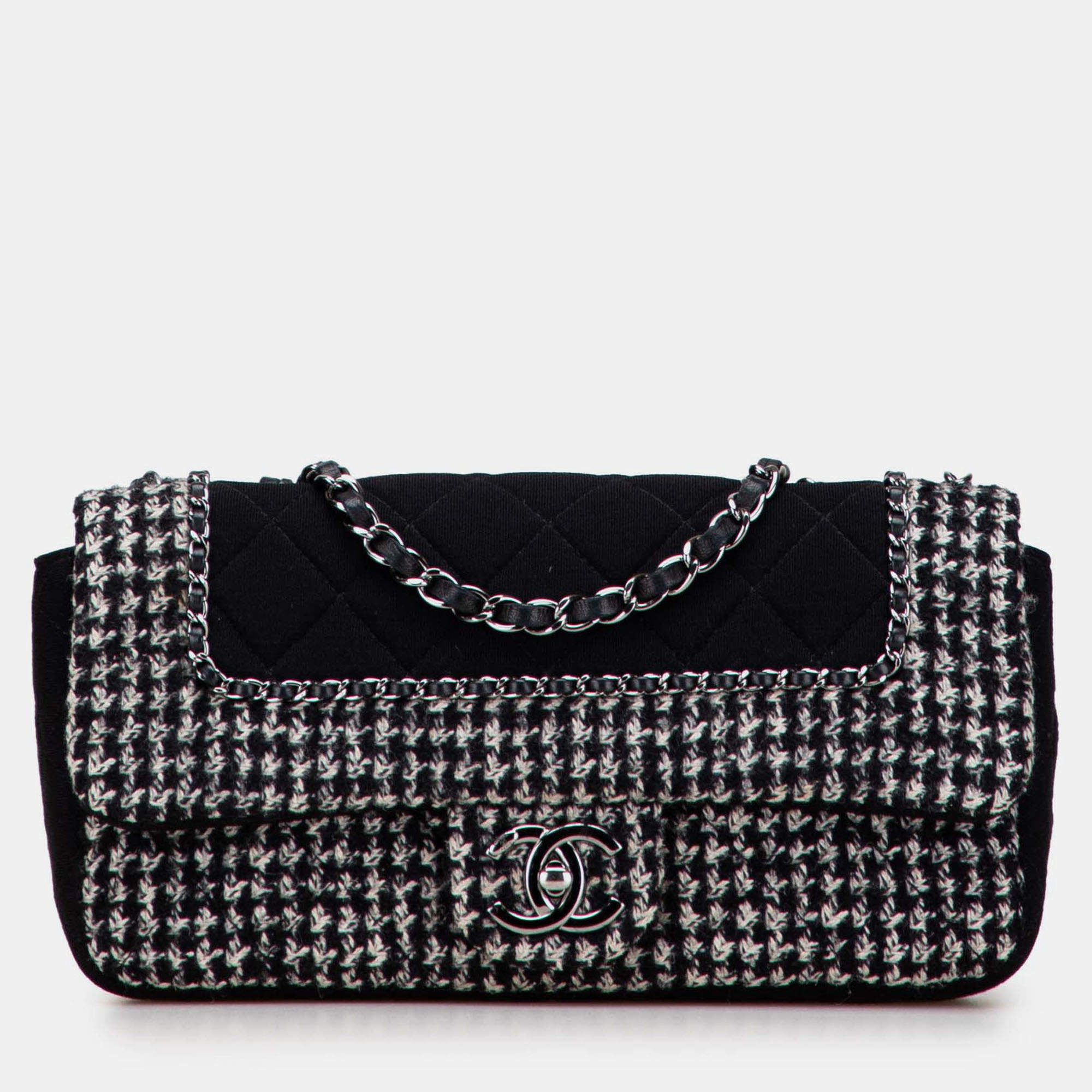 Pre Owned Chanel Black Medium Quilted Jersey and Tweed Chain Flap