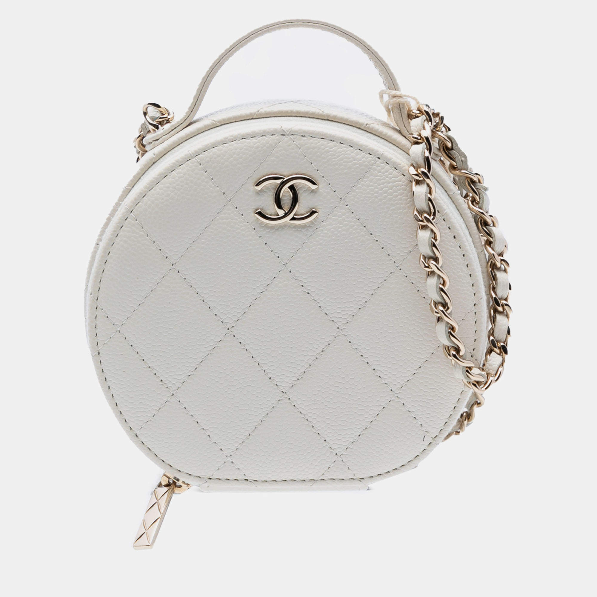 Pre Owned Chanel White Quilted Caviar Handle With Care Round Vanity Case with Chain