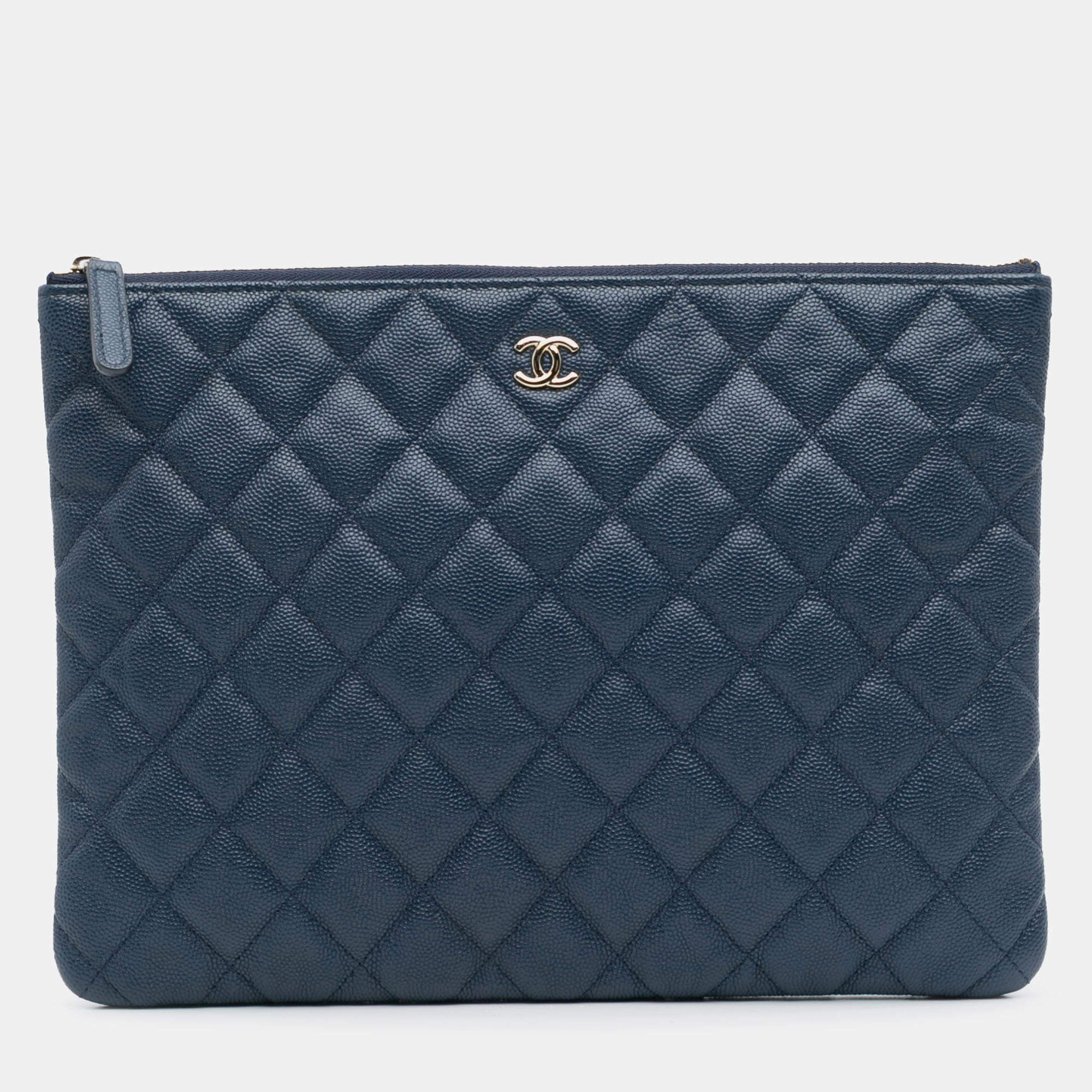 Pre Owned Chanel Navy Blue Medium Quilted Caviar O Case Clutch