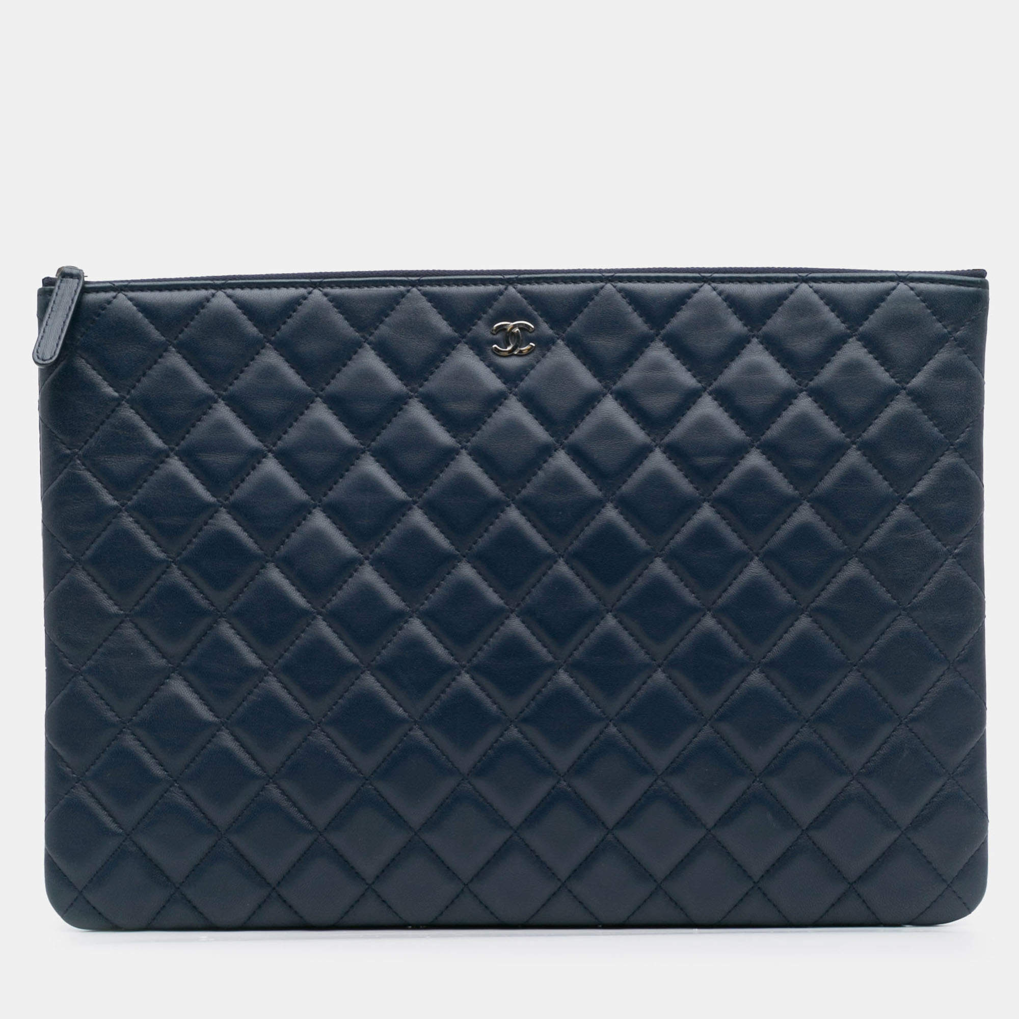 Pre Owned Chanel Blue Large Quilted Lambskin O Case Clutch