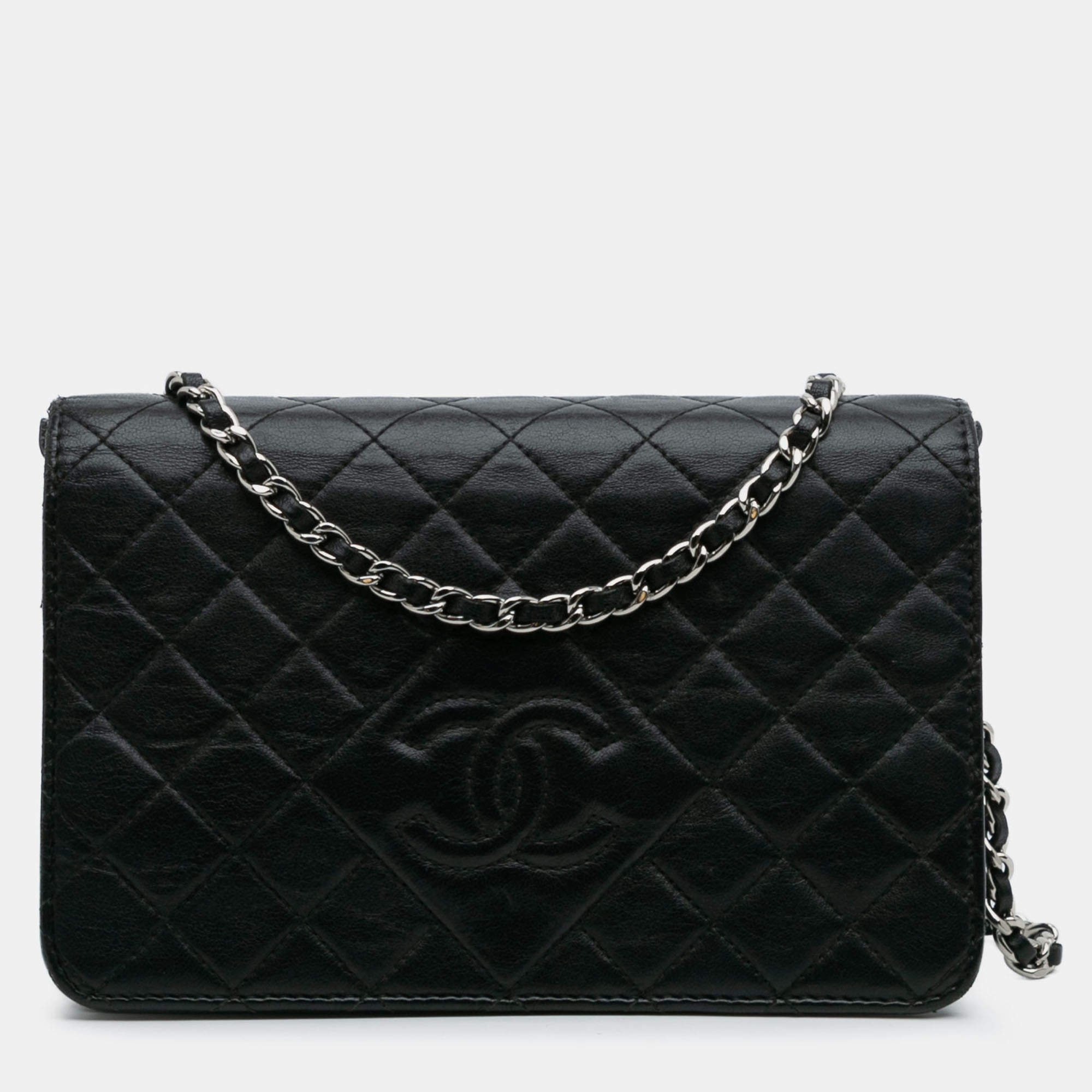 Pre Owned Chanel Black CC Quilted Lambskin Wallet On Chain