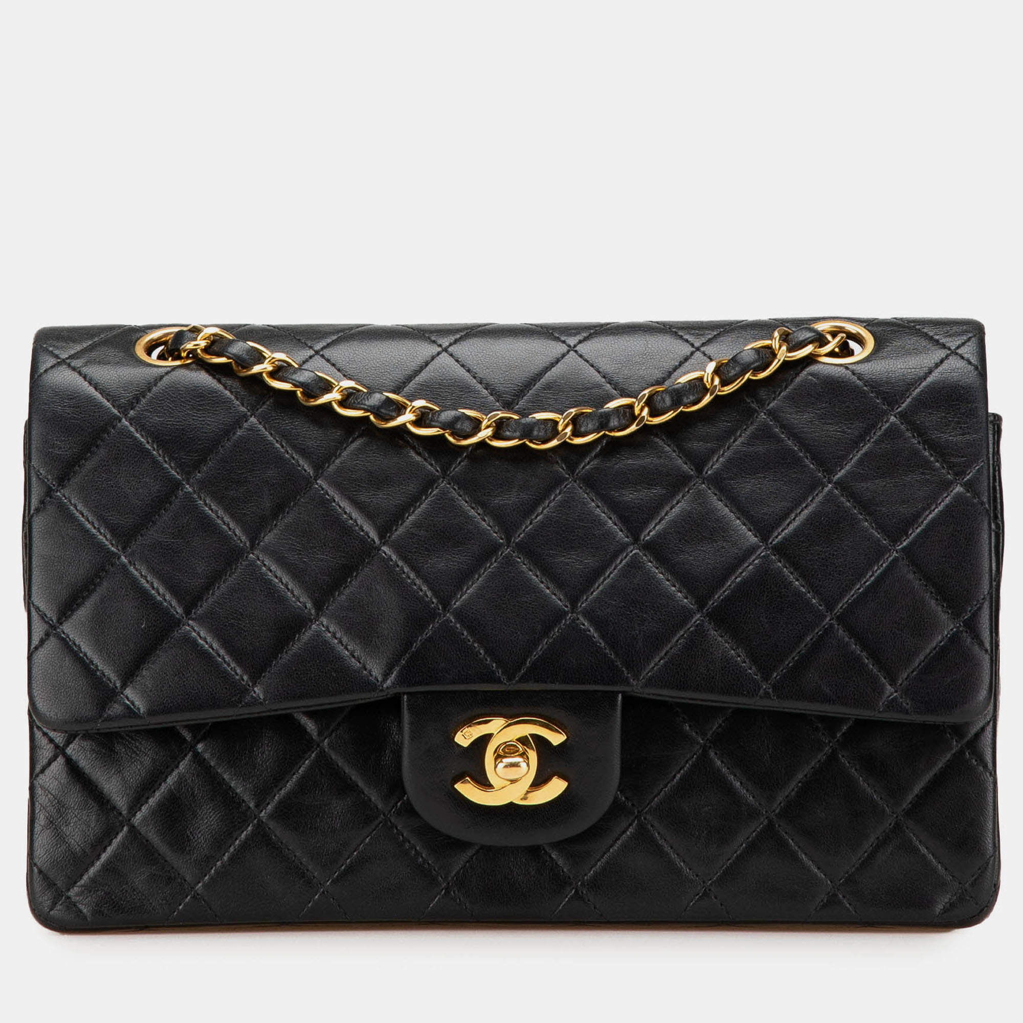 Pre Owned Chanel Black Medium Classic Lambskin Double Flap