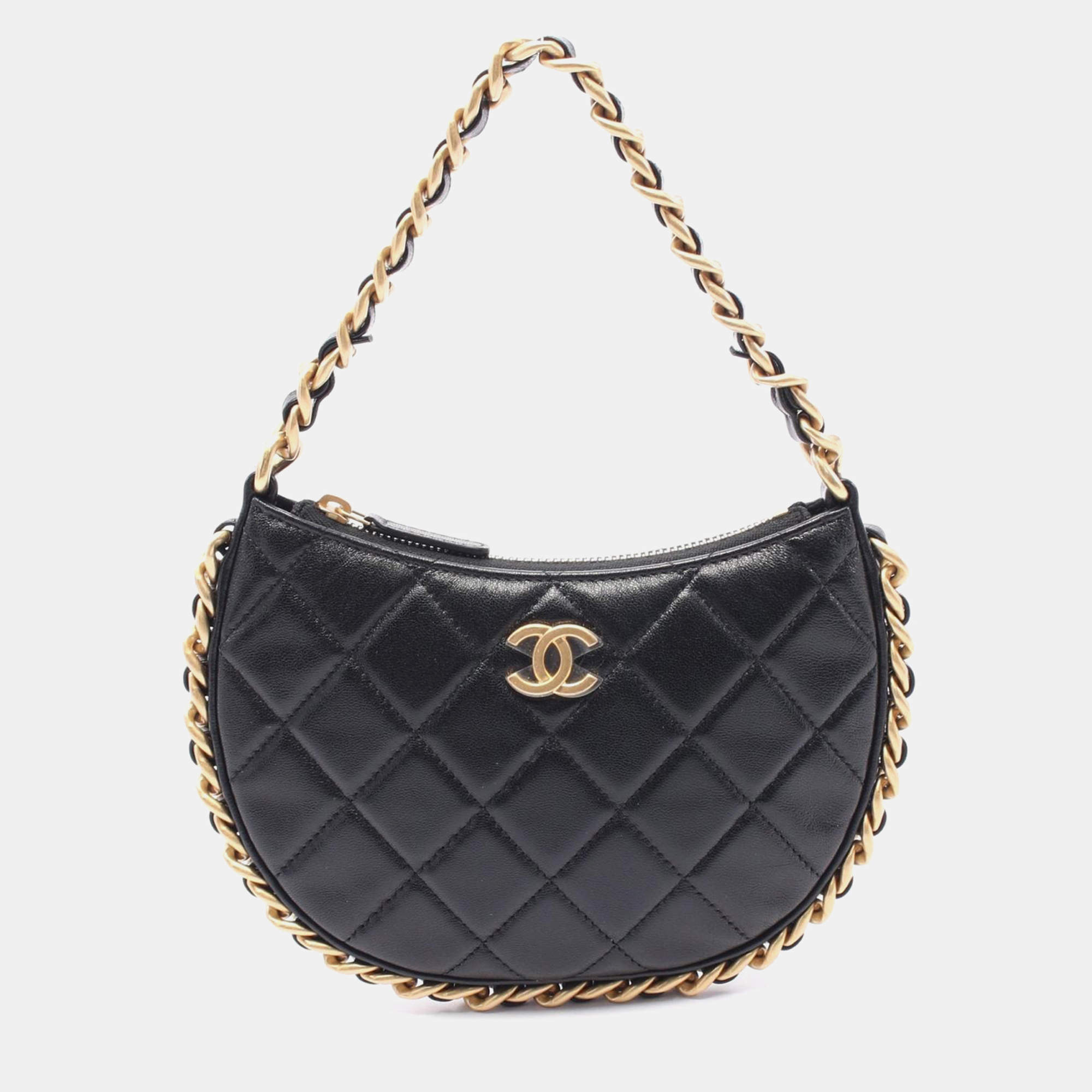 Pre Owned Chanel CC Chain Around Quilted Black Leather Hobo Bag