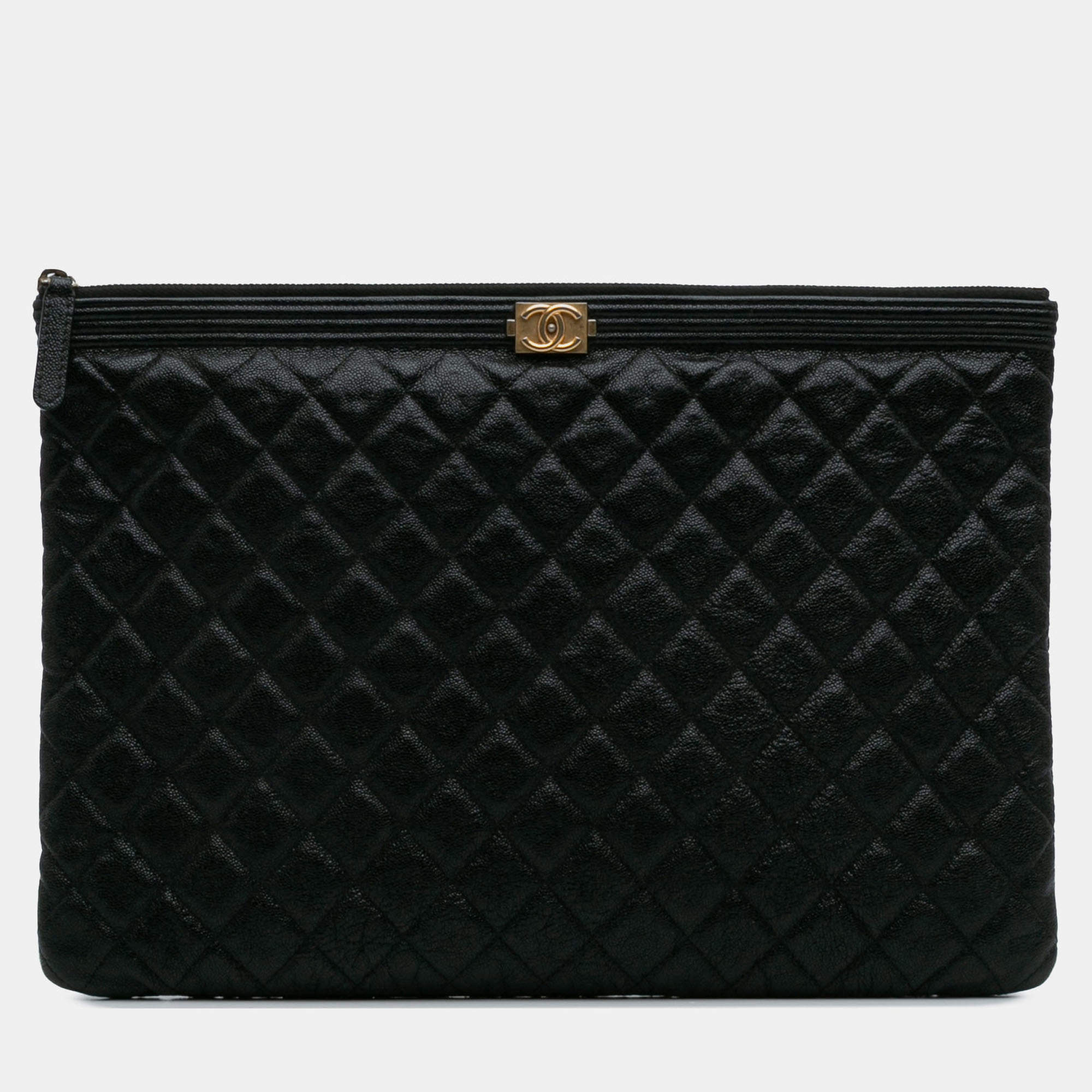 Pre Owned Chanel Black Large Lambskin Boy O Case Clutch